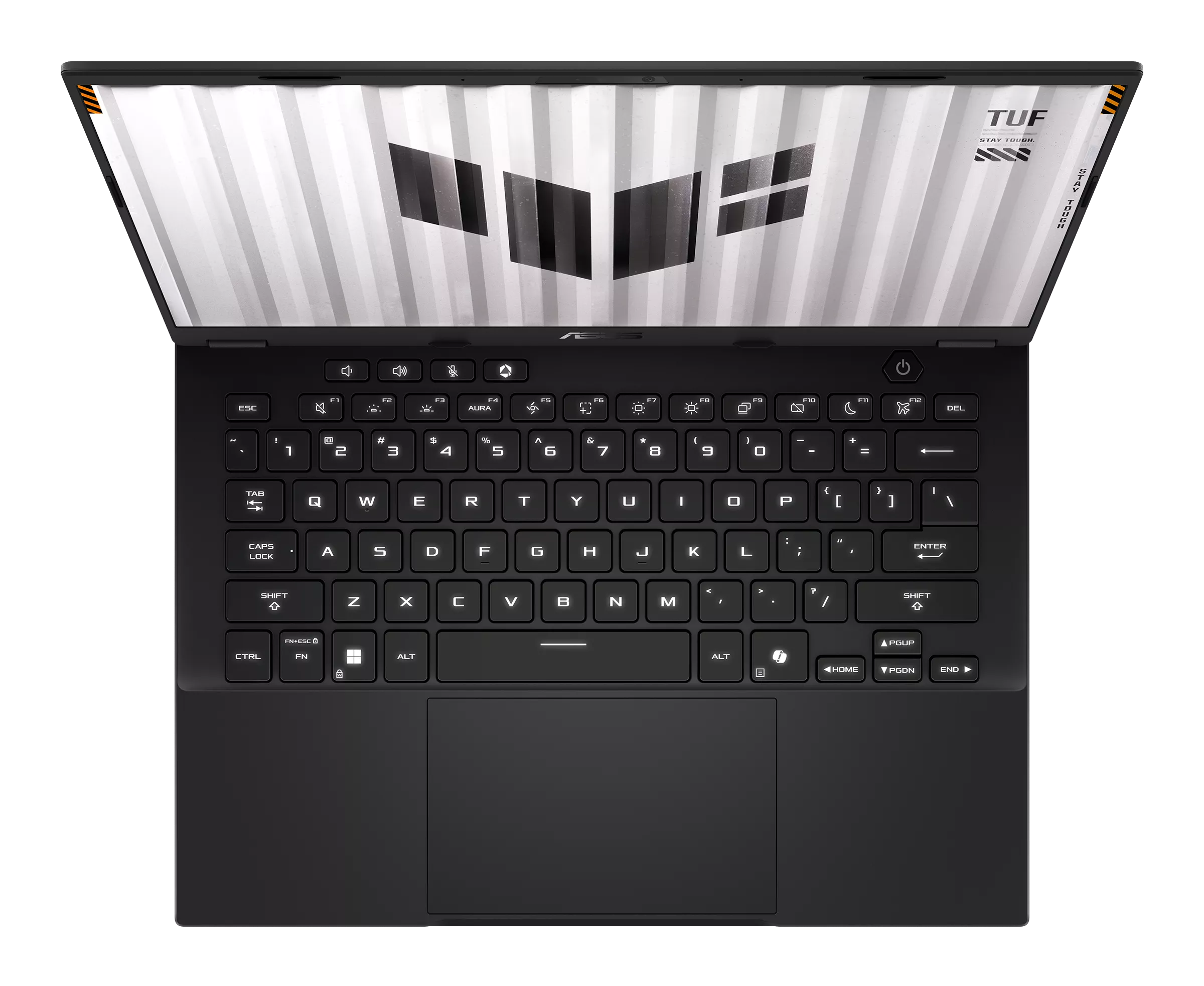 Widok z góry na czarny laptop Asus TUF z podświetlaną klawiaturą i jasnym ekranem.