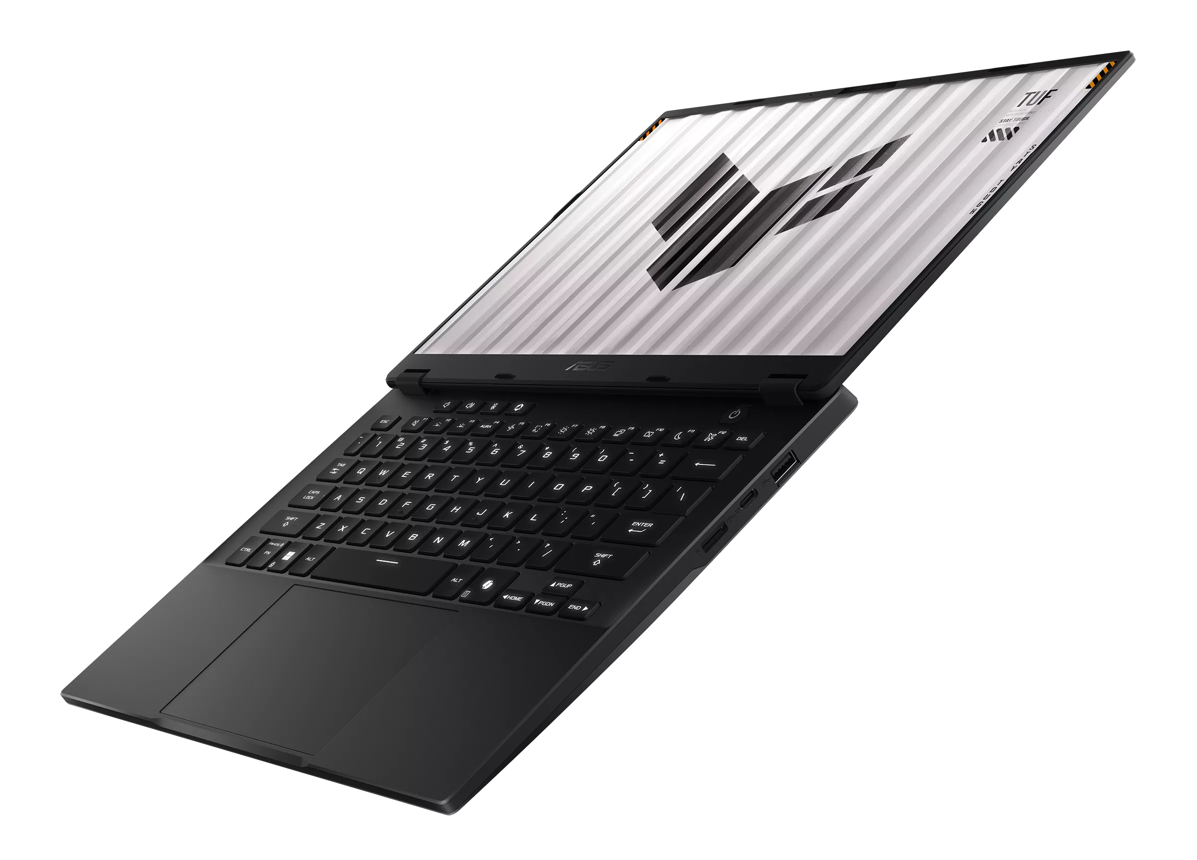 Czarny laptop do gier Asus TUF pod kątem, ekran z geometrycznym wzorem na czarnym tle.