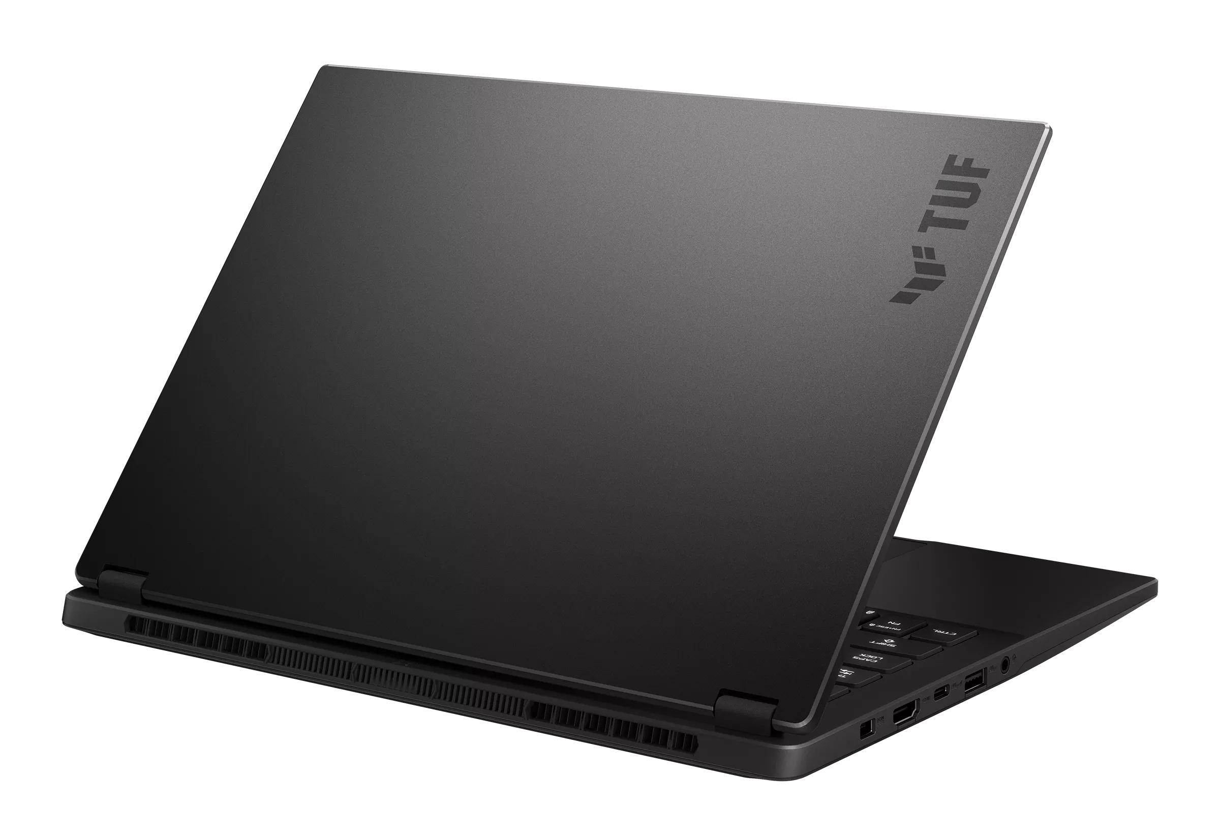 Szary laptop do gier TUF jest pokazany zamknięty na czarnym tle.