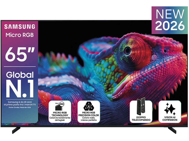 SAMSUNG Micro RGB AI TV 65″ MRE65R85HAUXZT, Micro RGB AI Engine, Micro RGB Color Booster Pro, 4K AI Upscaling, Motion Xcelerator 144Hz, Dolby Atmos & OTS Lite, Monolith Edge Design, Vision AI Smart TV, 2026