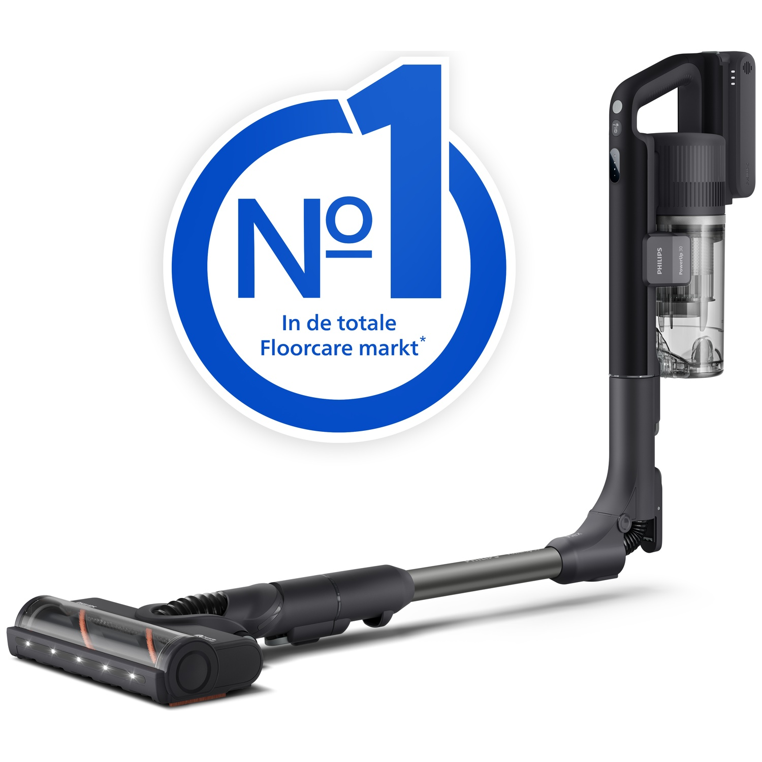 A black cordless vacuum cleaner with LED lights and a blue promotional graphic on a white background.