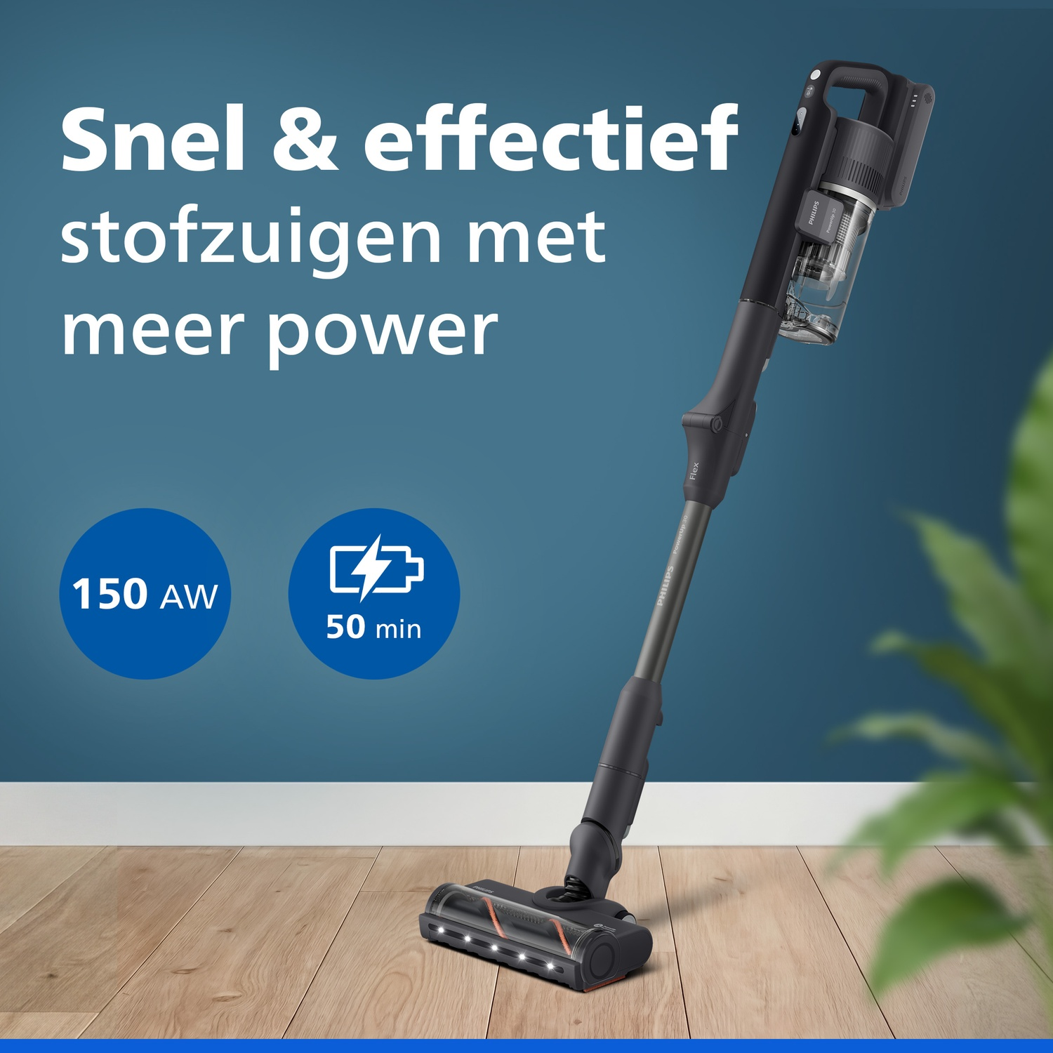 A black Philips vacuum cleaner stands on wood floor, with blue wall, text, and round icons in the background.