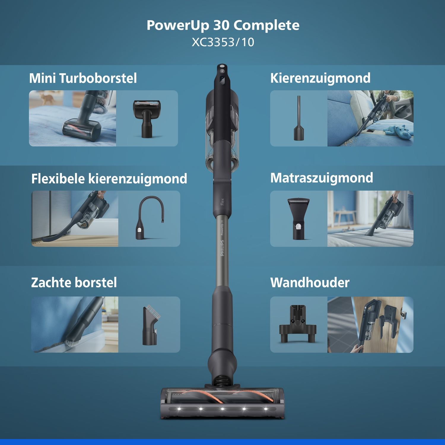 Philips PowerUp 30 Complete vacuum cleaner with various attachments on blue background.
