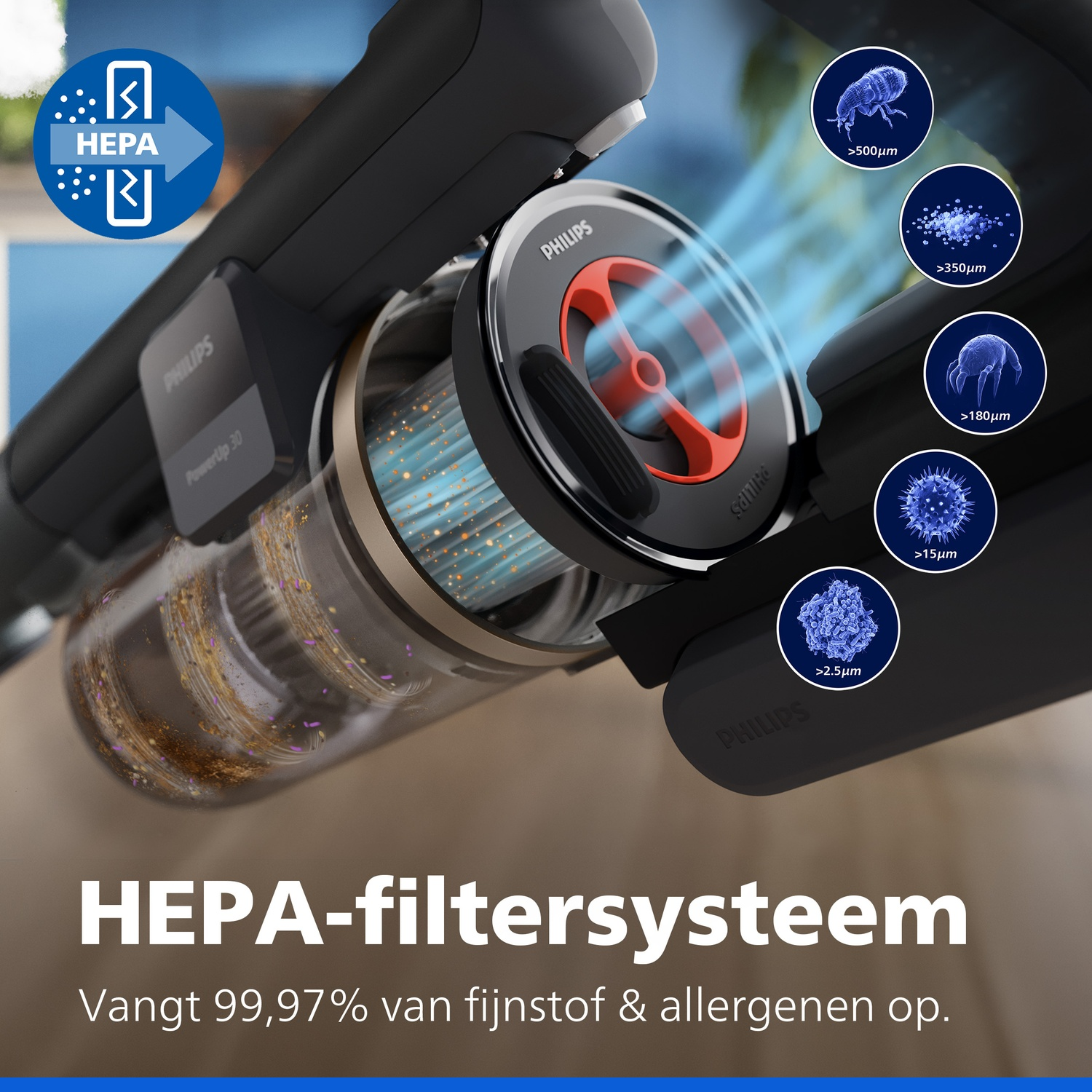 Philips vacuum cleaner with HEPA filter system capturing dust and allergens.
