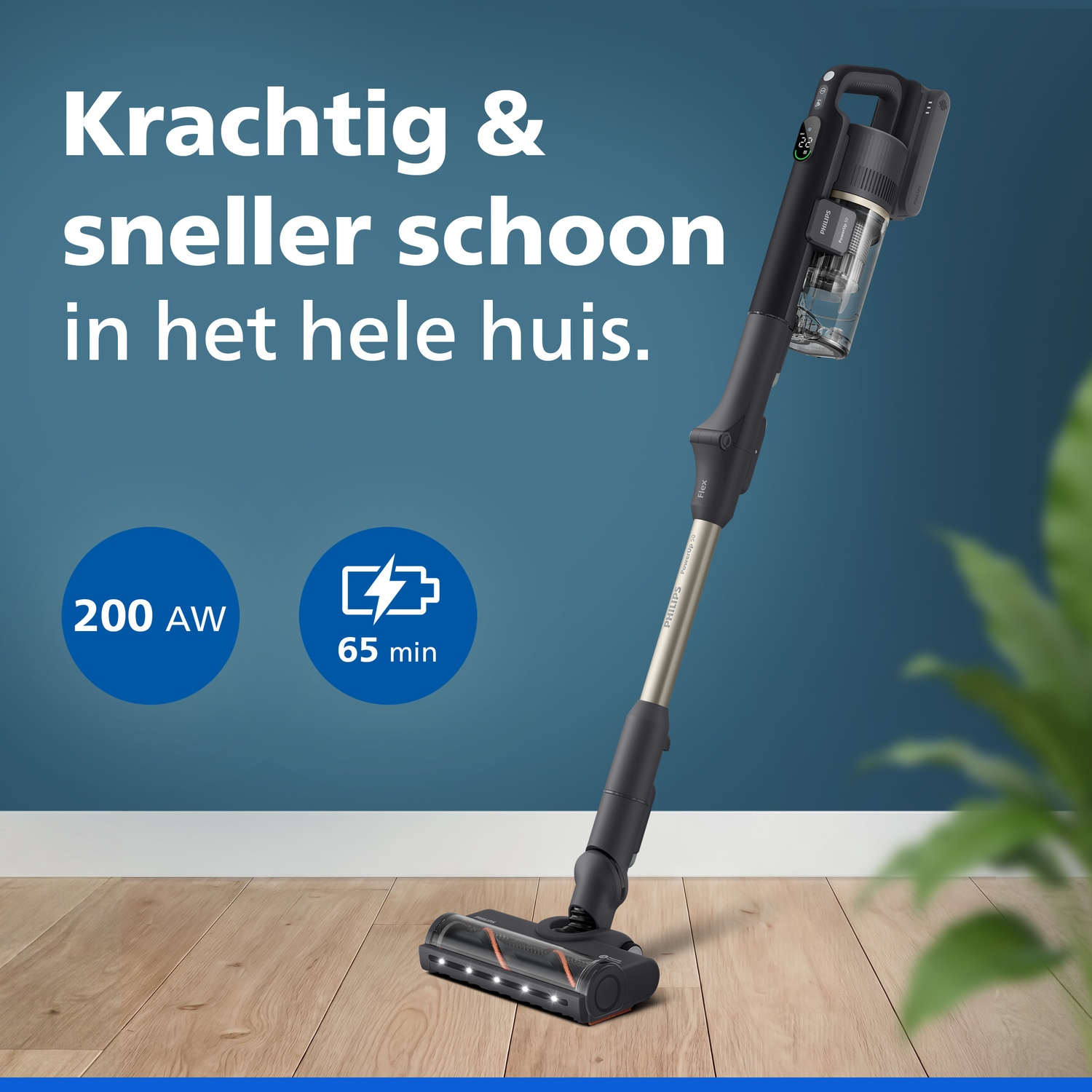 A black Philips vacuum cleaner stands on a wooden floor against a blue background with Dutch promotional text.