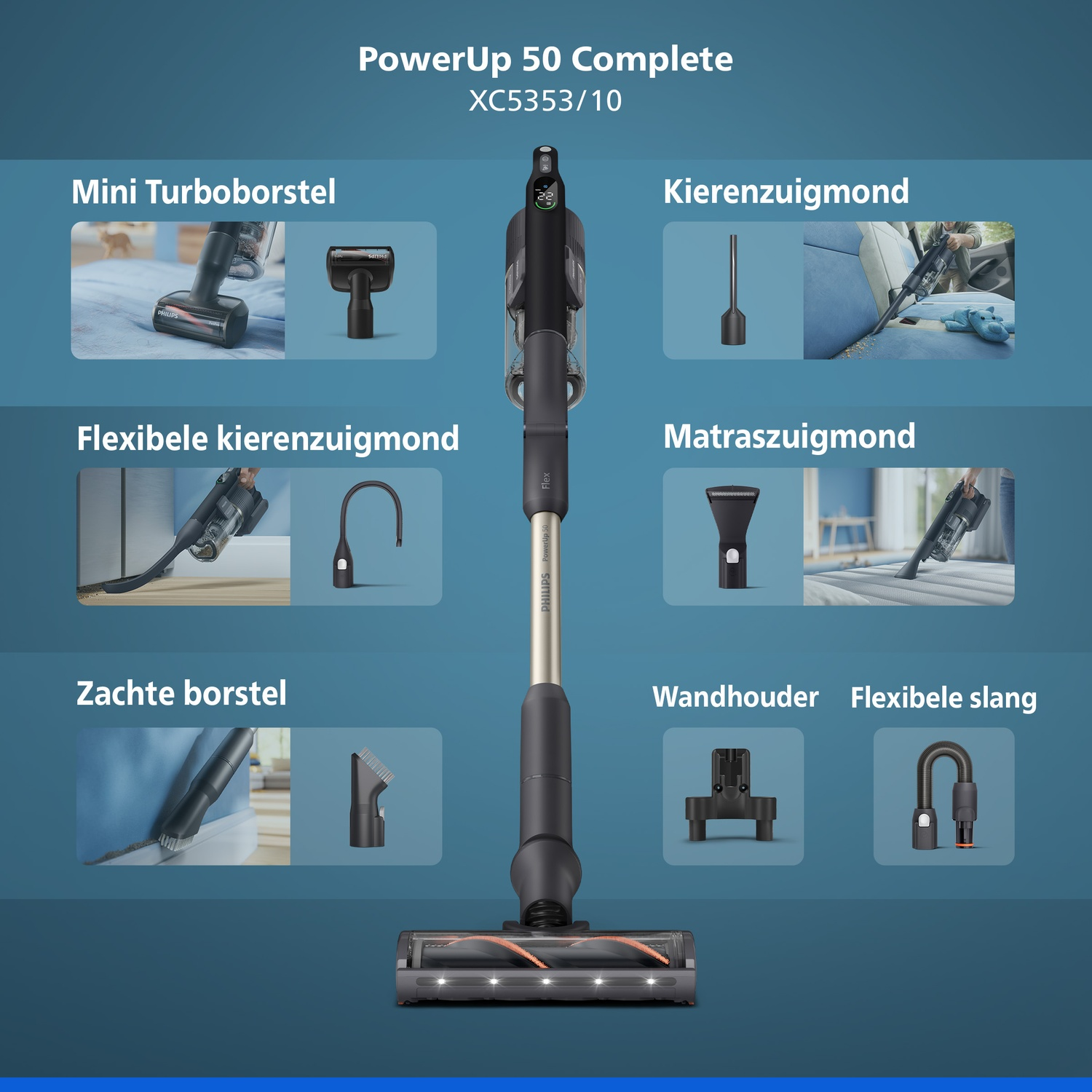 Philips PowerUp 50 Complete vacuum cleaner with accessories and labels on a blue background.