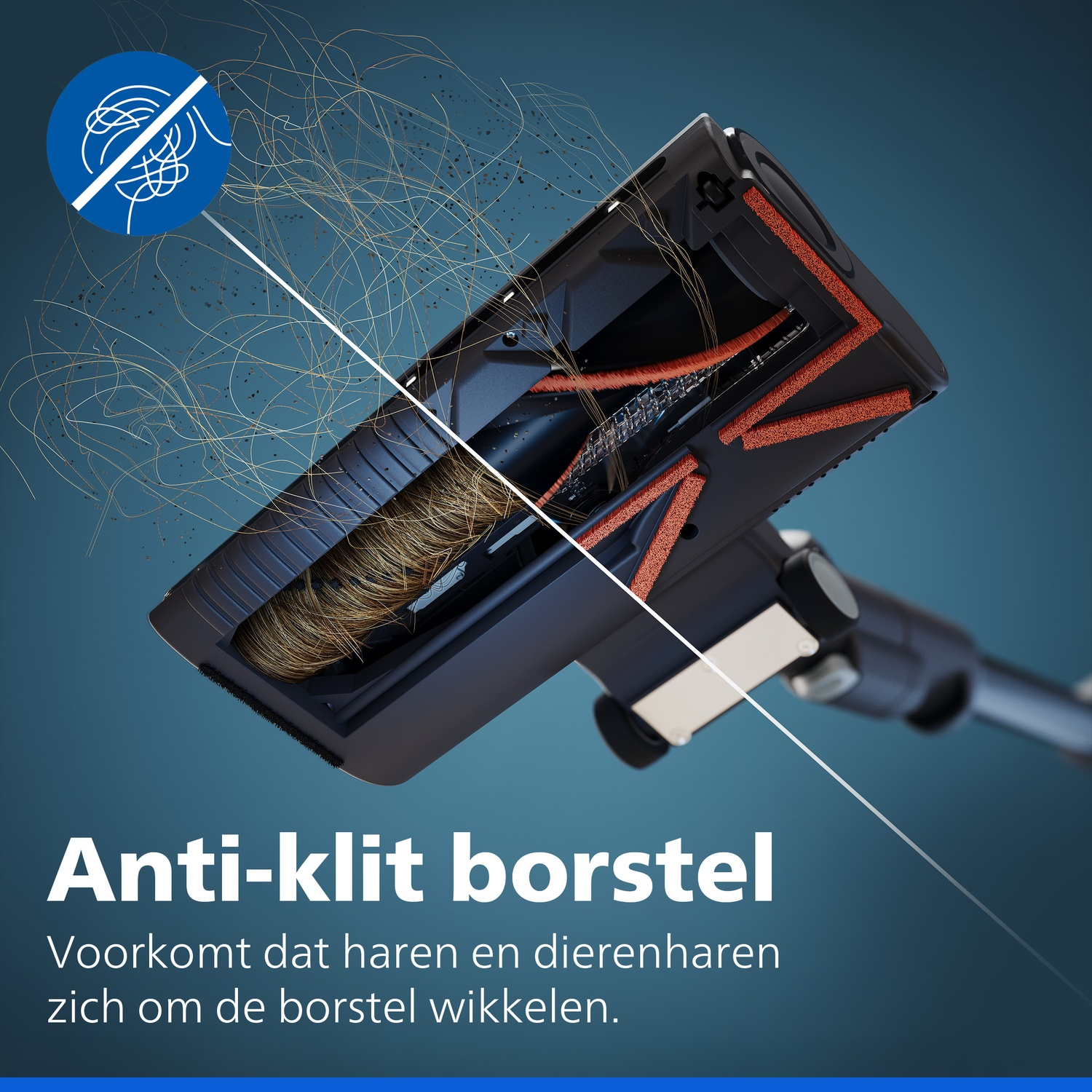 A vacuum brush showing anti-tangle technology with hair prevented from wrapping around the roller.