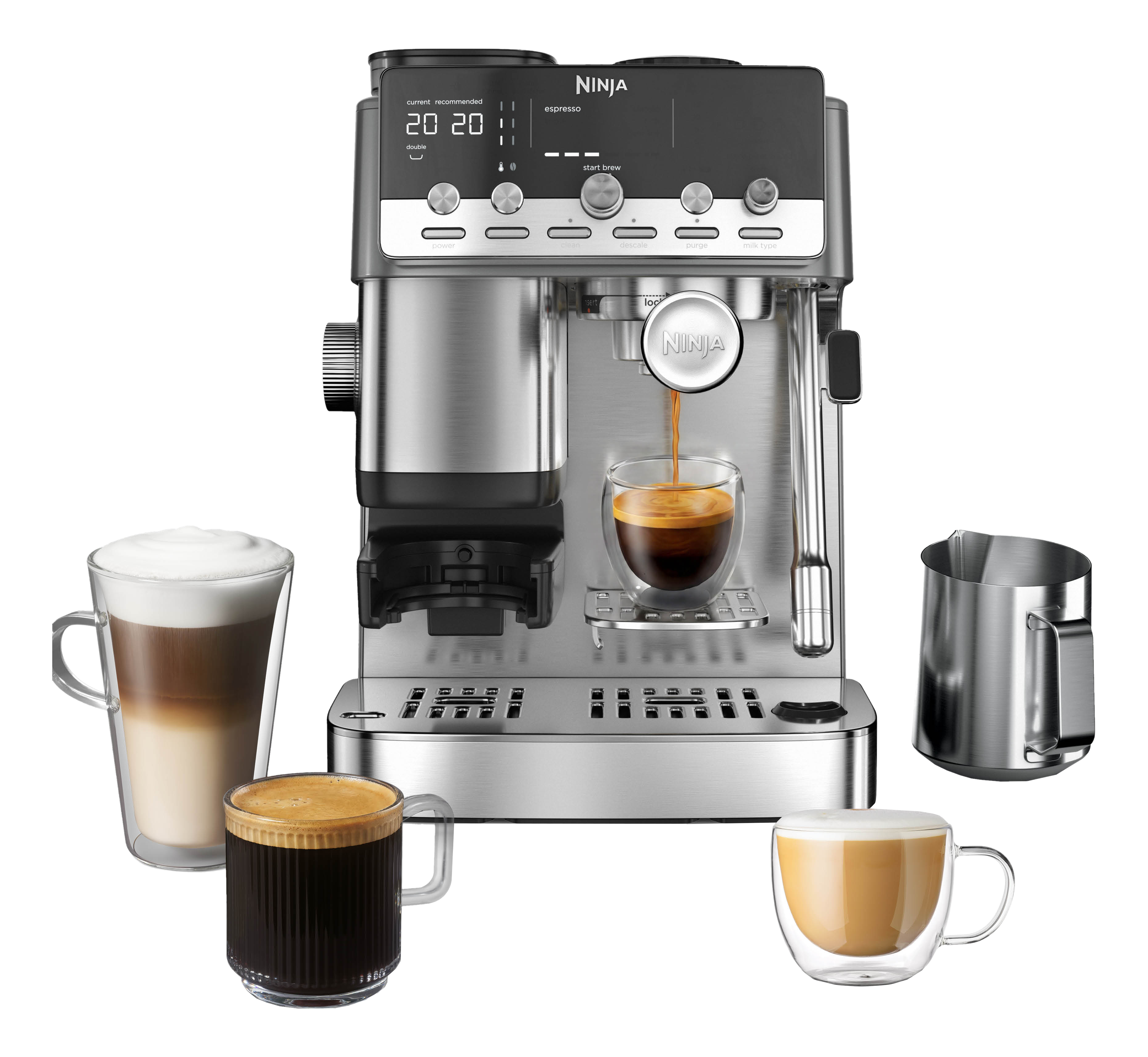 Una macchina da caffè espresso Ninja in acciaio inossidabile con display digitale, quattro tazze e una lattiera.
