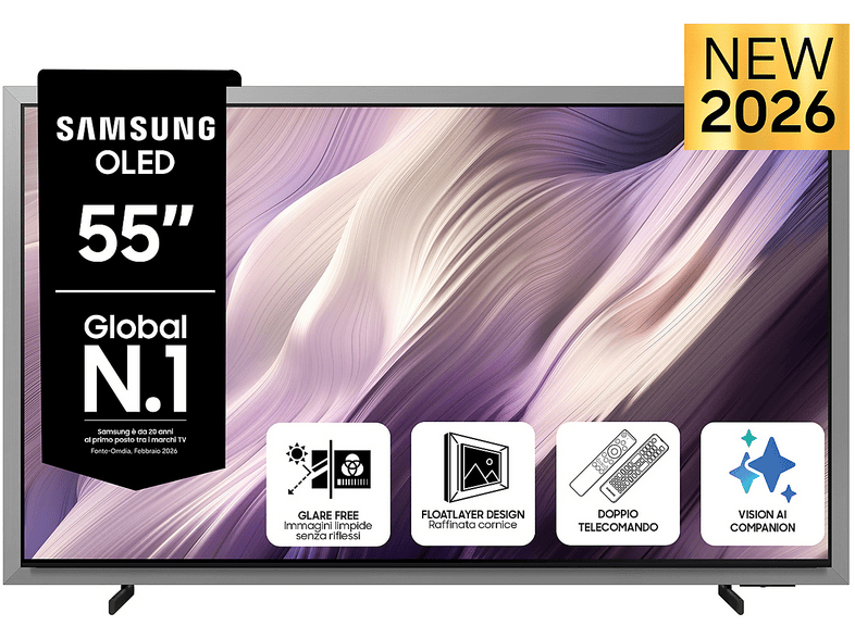SAMSUNG OLED AI TV 55″ QE55S99HATXZT 4K, Processore NQ4 AI Gen3, 4K AI Upscaling Pro, Glare Free, OLED HDR Pro, Motion Xcelerator 165Hz, Dolby Atmos & OTS+, FloatLayer Design, Vision AI Smart TV, 2026