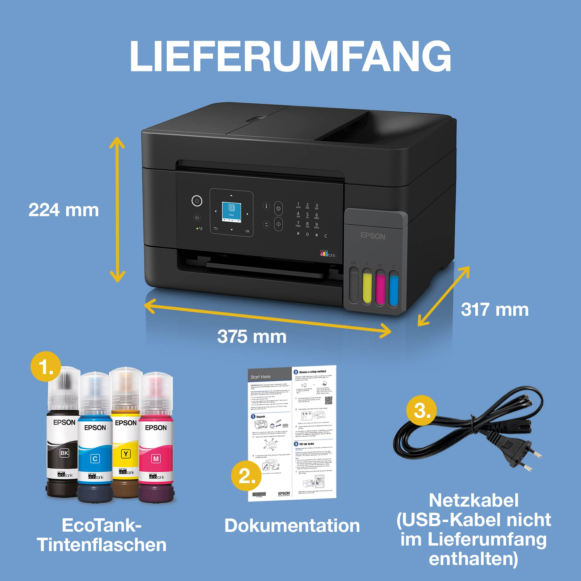 EPSON EcoTank ET-4905 Multifunktionsdrucker, Tintentank, WLAN, A4, A5, A6, Schwarz