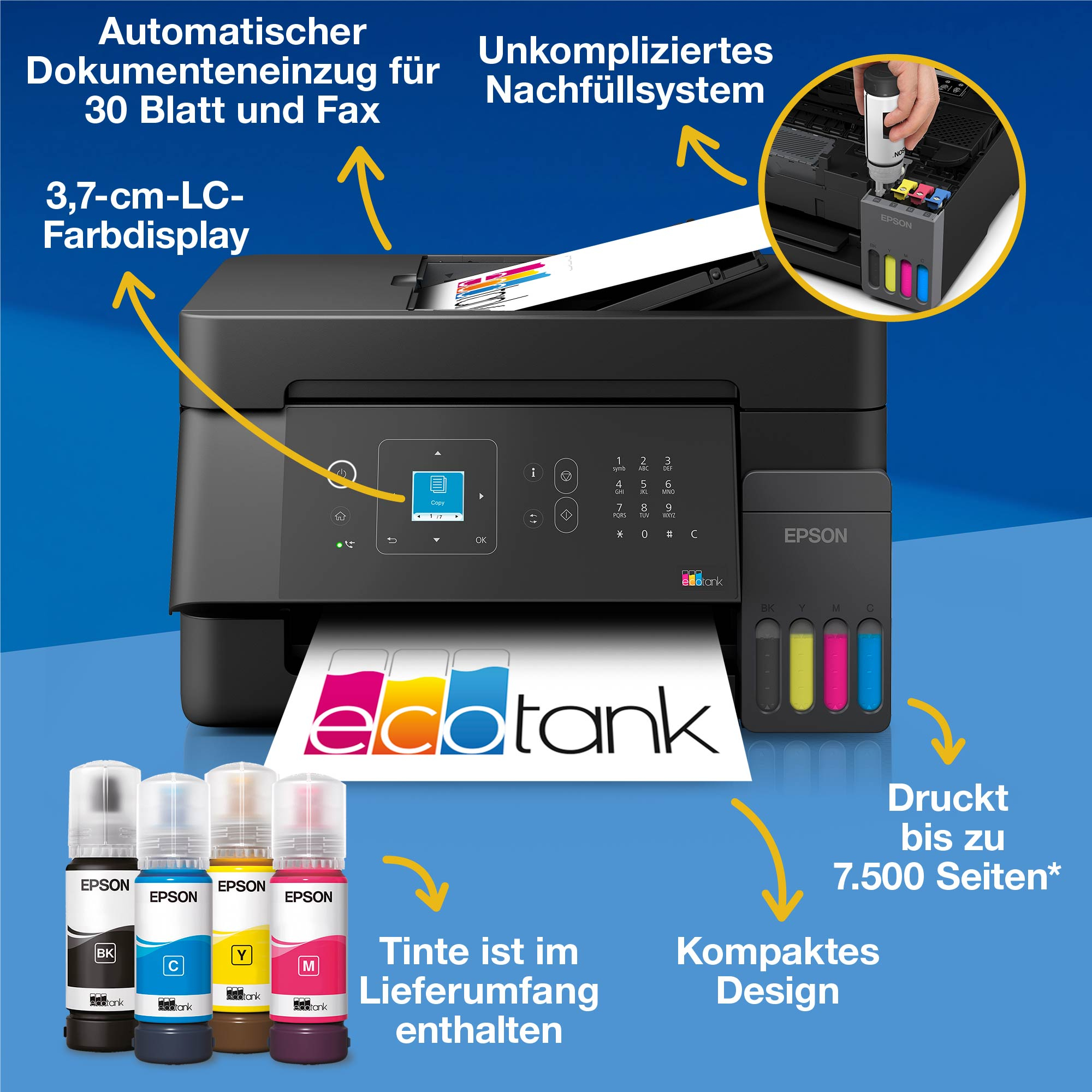 EPSON EcoTank ET-4905 Multifunktionsdrucker, Tintentank, WLAN, A4, A5, A6, Schwarz