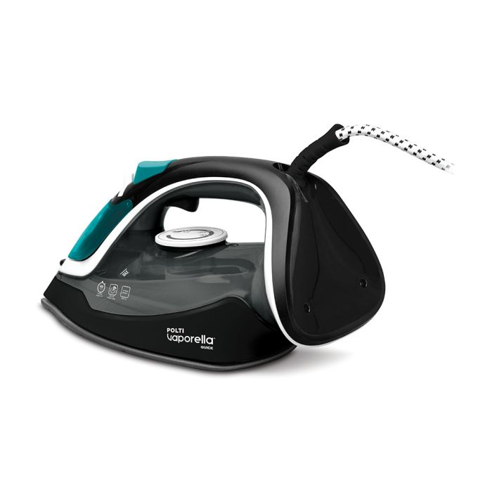 Plancha de vapor Polti Vaporella negra y turquesa con cable blanco y negro, sobre fondo blanco.