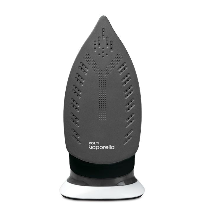 Suela de plancha gris Polti Vaporella con numerosos agujeros de vapor sobre fondo blanco.
