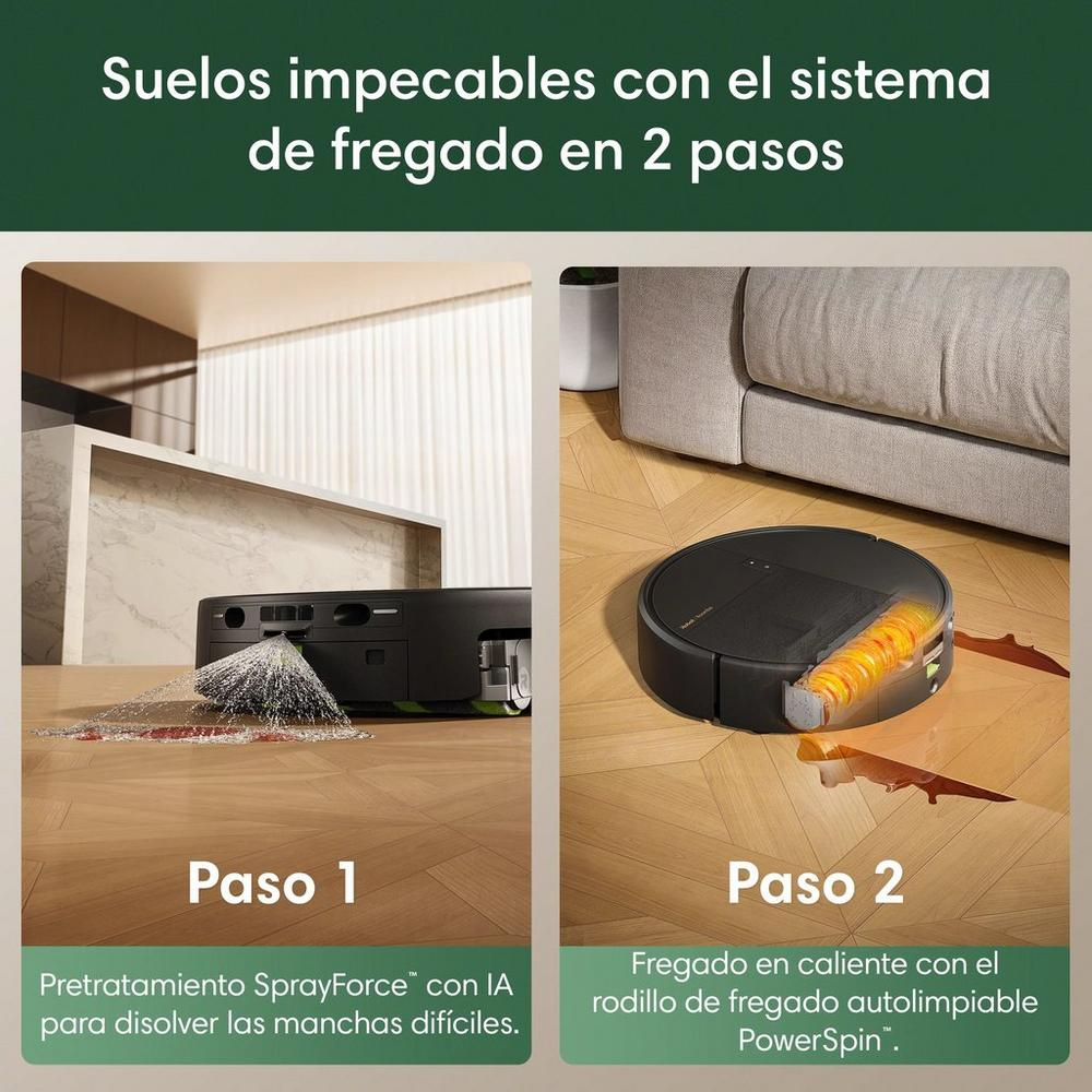 Proceso de limpieza en dos pasos de un robot aspirador con spray de agua y rodillo de fregado giratorio.