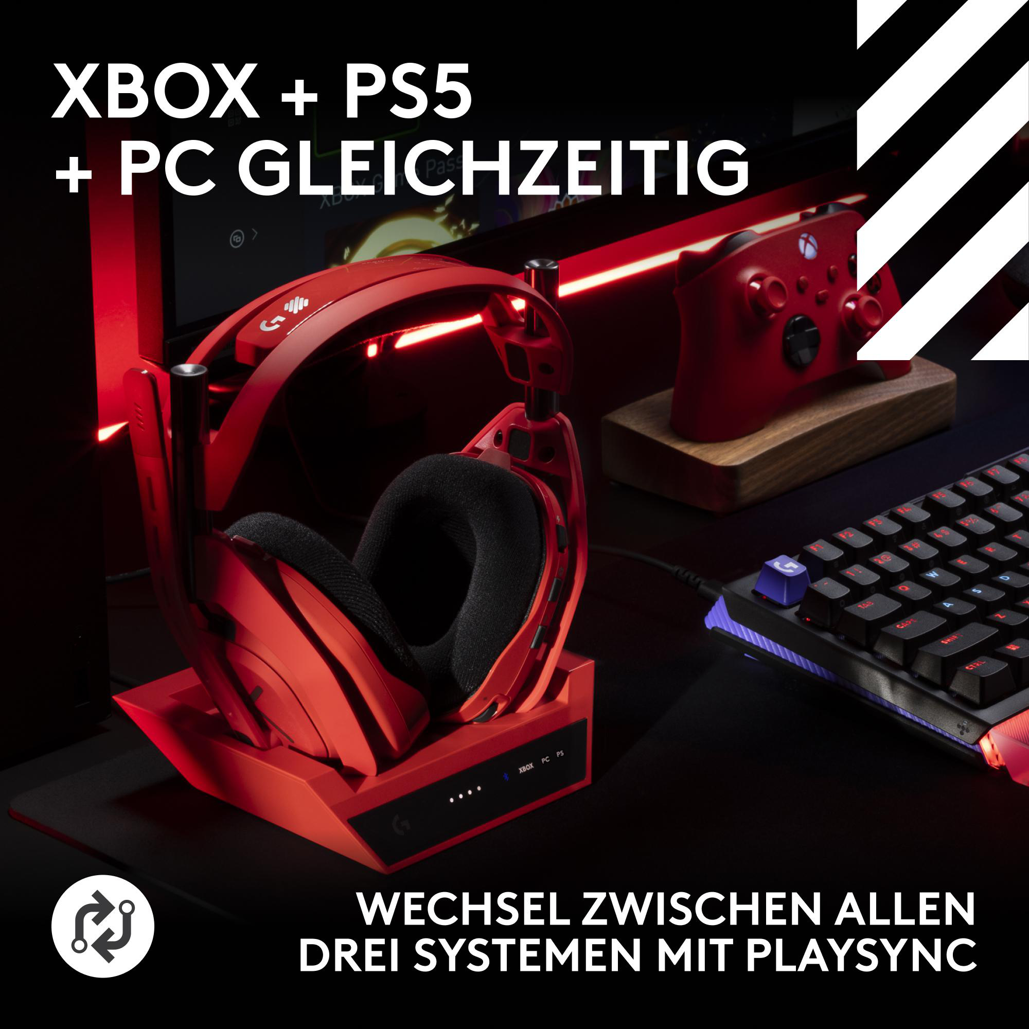 Rotes Gaming-Headset auf Ladestation neben rotem Controller und Tastatur.