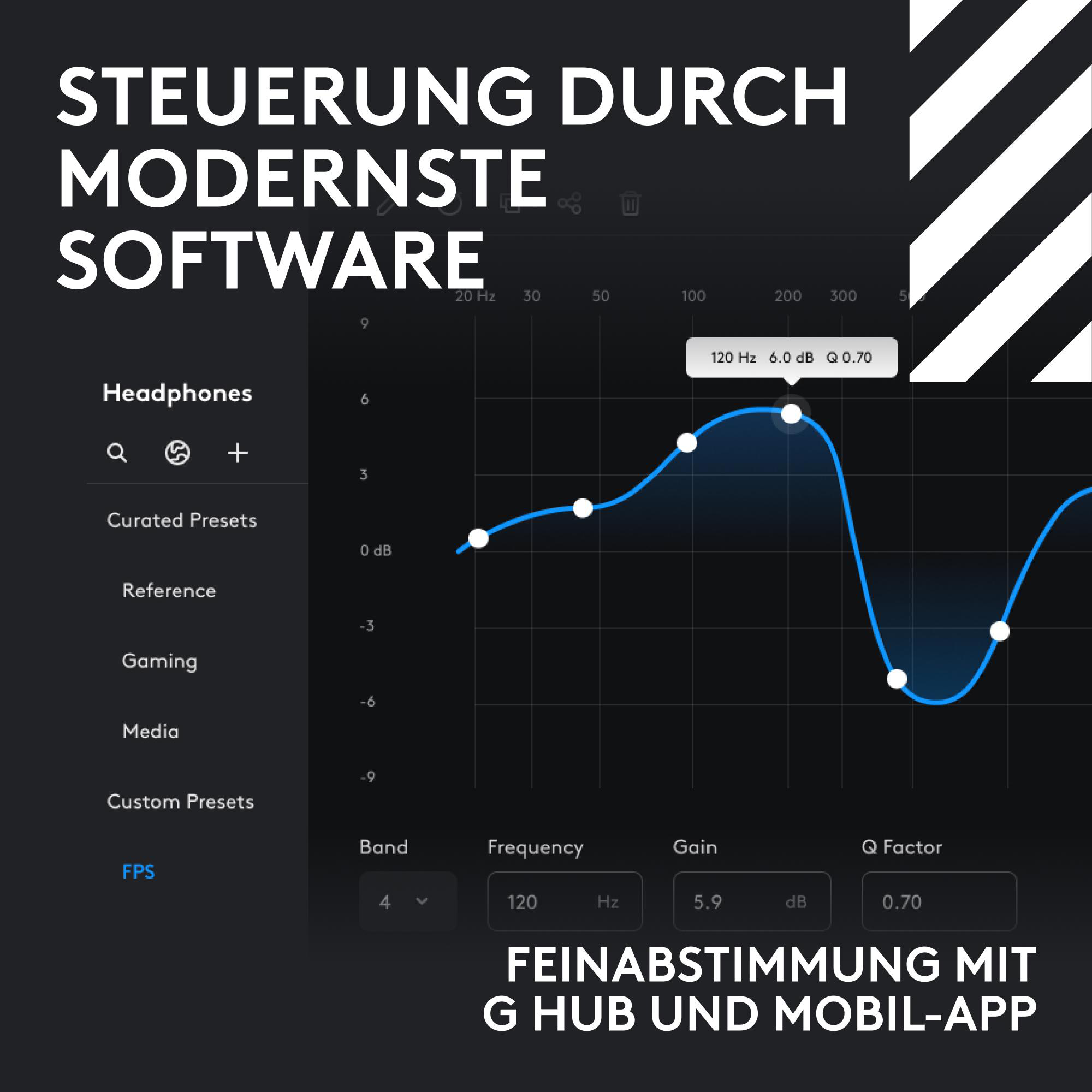 Screenshot einer Audio-Software-App zur Klangeinstellung mit Equalizer-Kurve und Menüs.