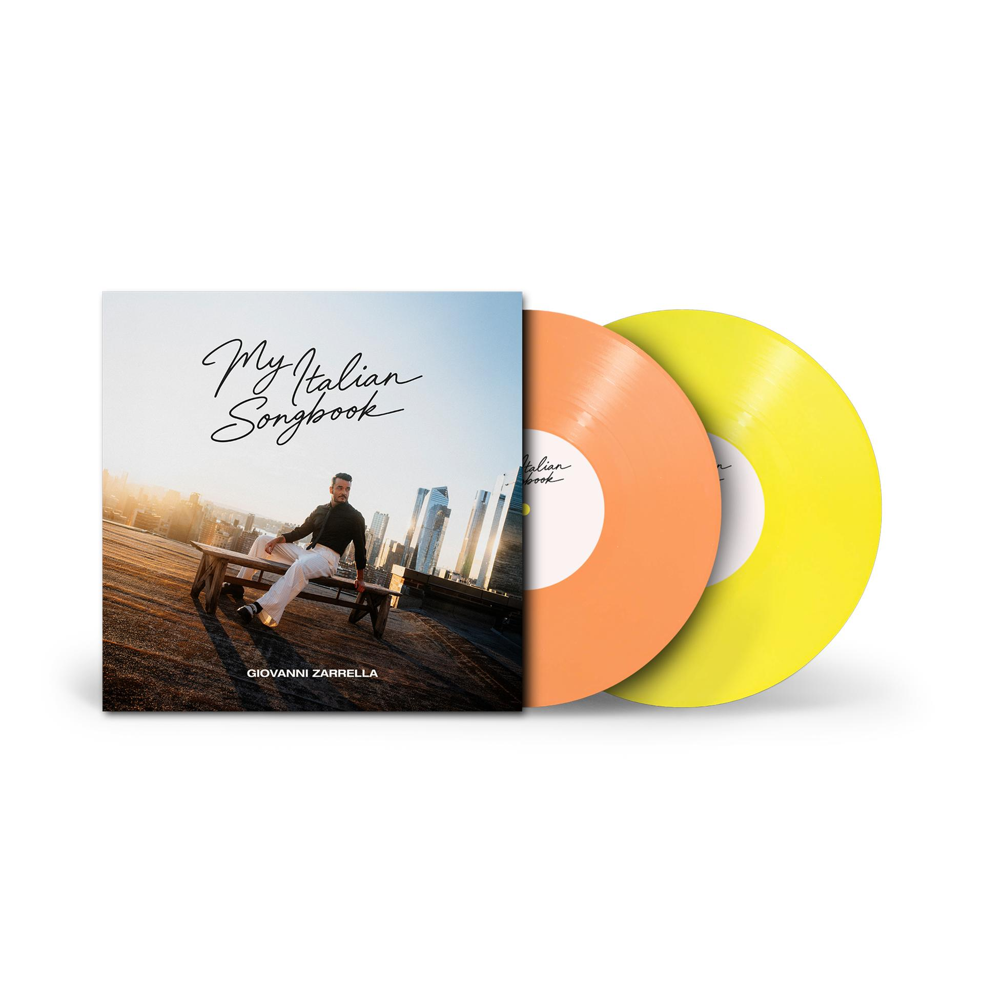Albumcover und zwei farbige Vinyl-Schallplatten in Orange und Gelb.