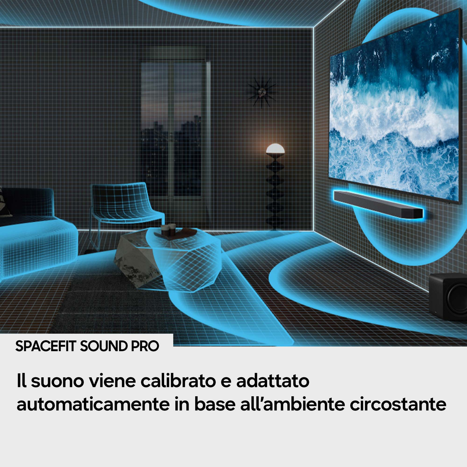 Salotto con TV e linee blu che illustrano la calibrazione automatica del suono.