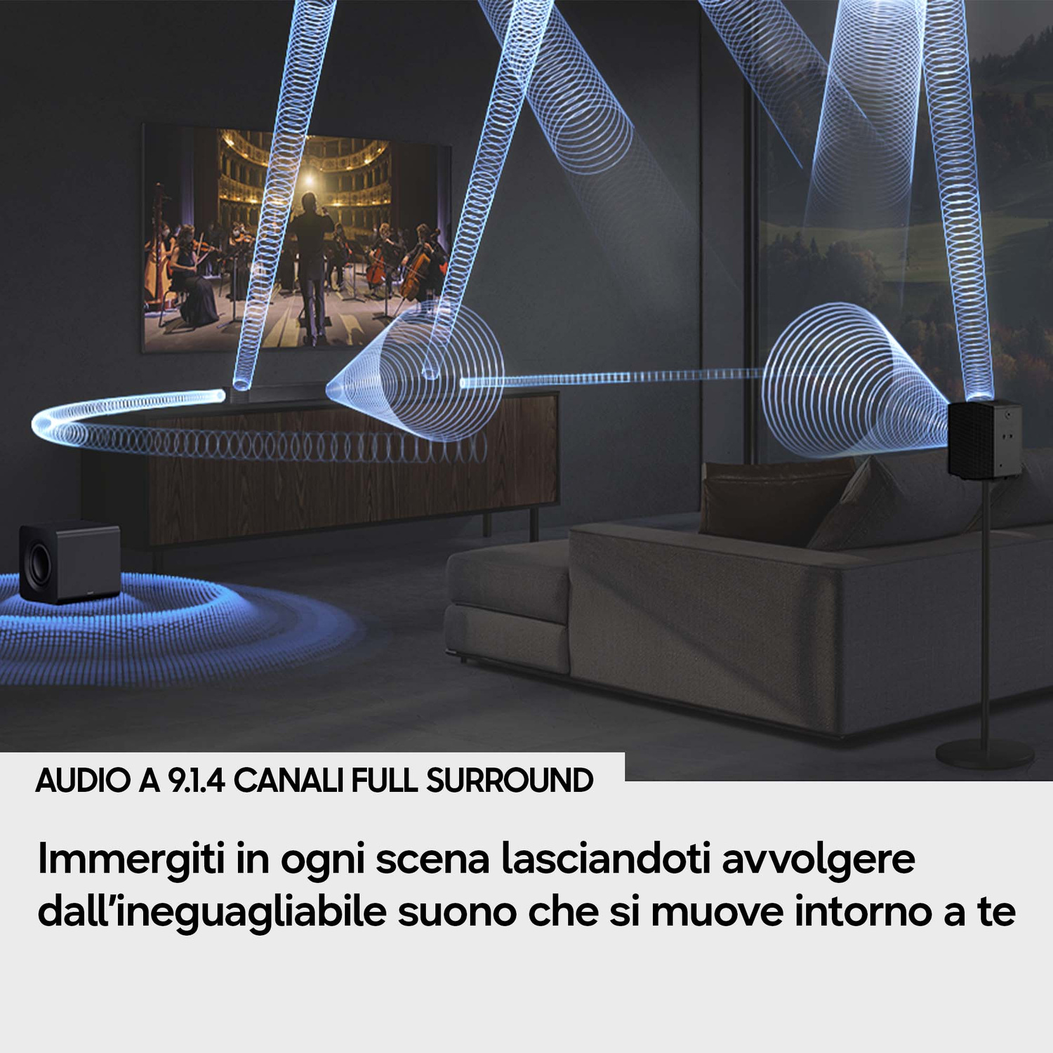 Soggiorno con sistema audio surround 9.1.4 che visualizza onde sonore blu.