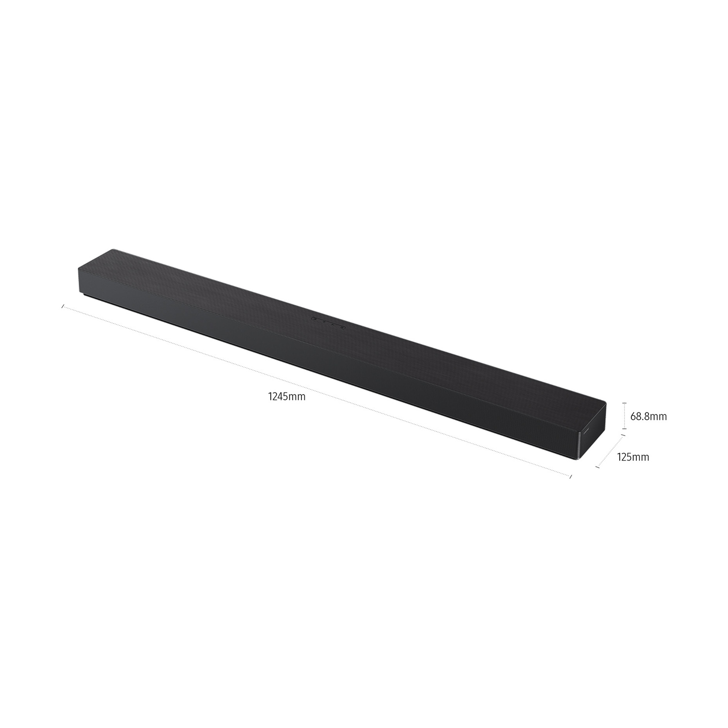 Soundbar nera con indicatori di dimensione che mostrano lunghezza di 1245 mm, altezza di 68.8 mm e profondità di 125 mm.