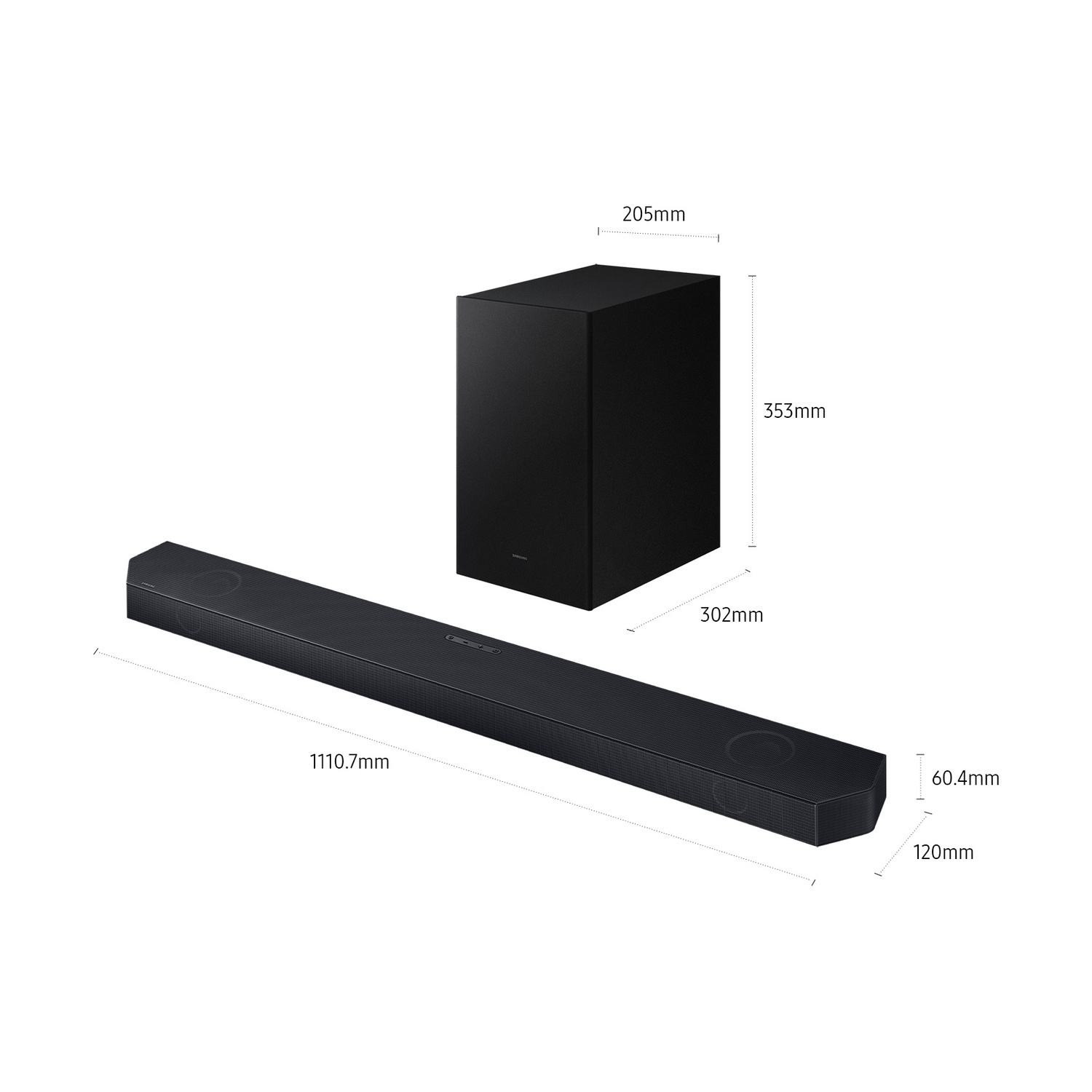 Soundbar e subwoofer Samsung neri con indicazioni delle dimensioni su sfondo bianco.