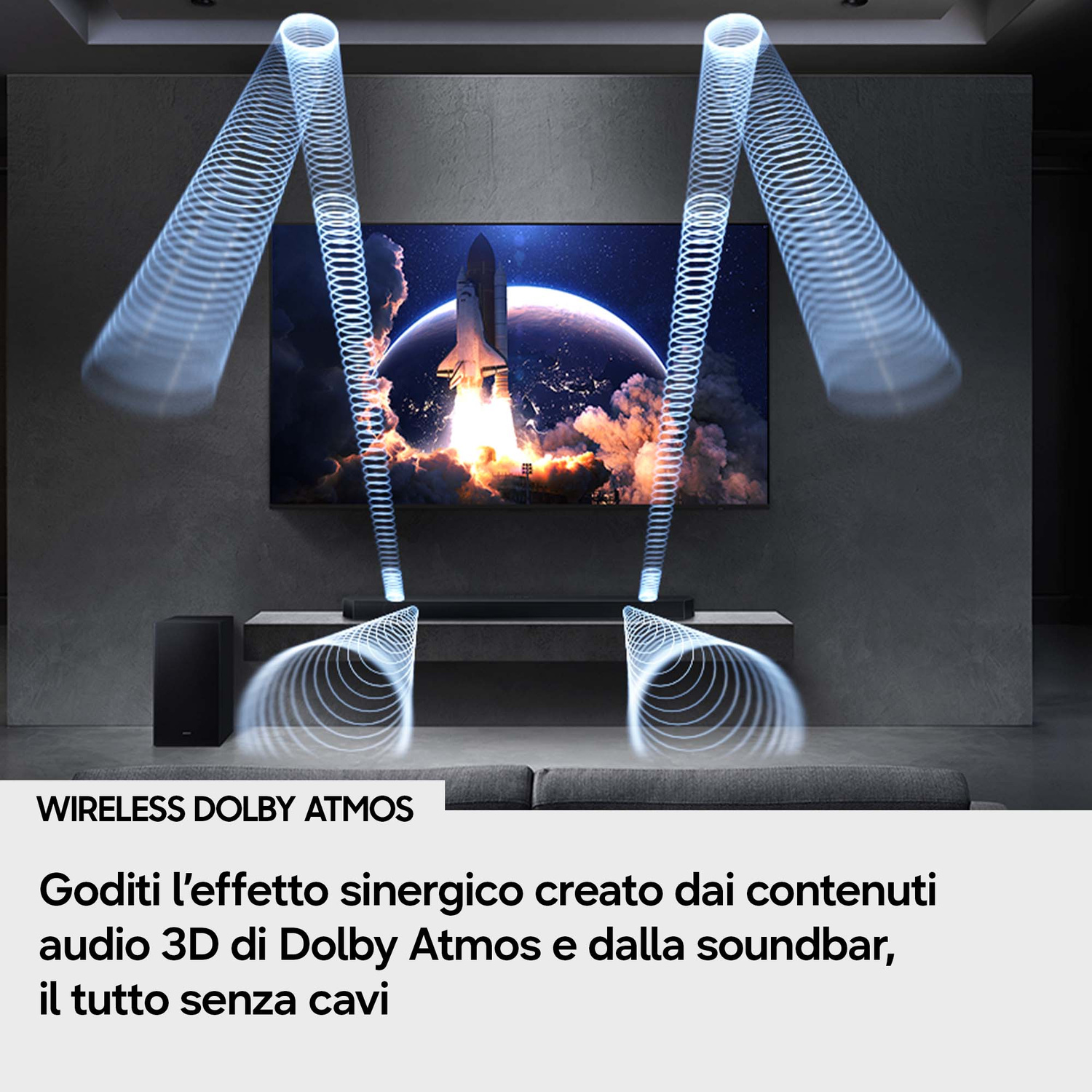 Soggiorno con soundbar e TV che proietta onde sonore 3D Dolby Atmos.
