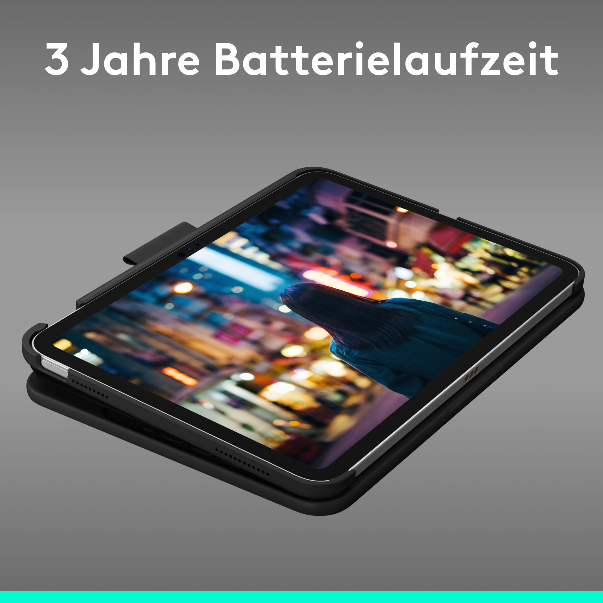Tablet in Schutzhülle mit Stadtbild auf dem Bildschirm und Text zur Batterielaufzeit.