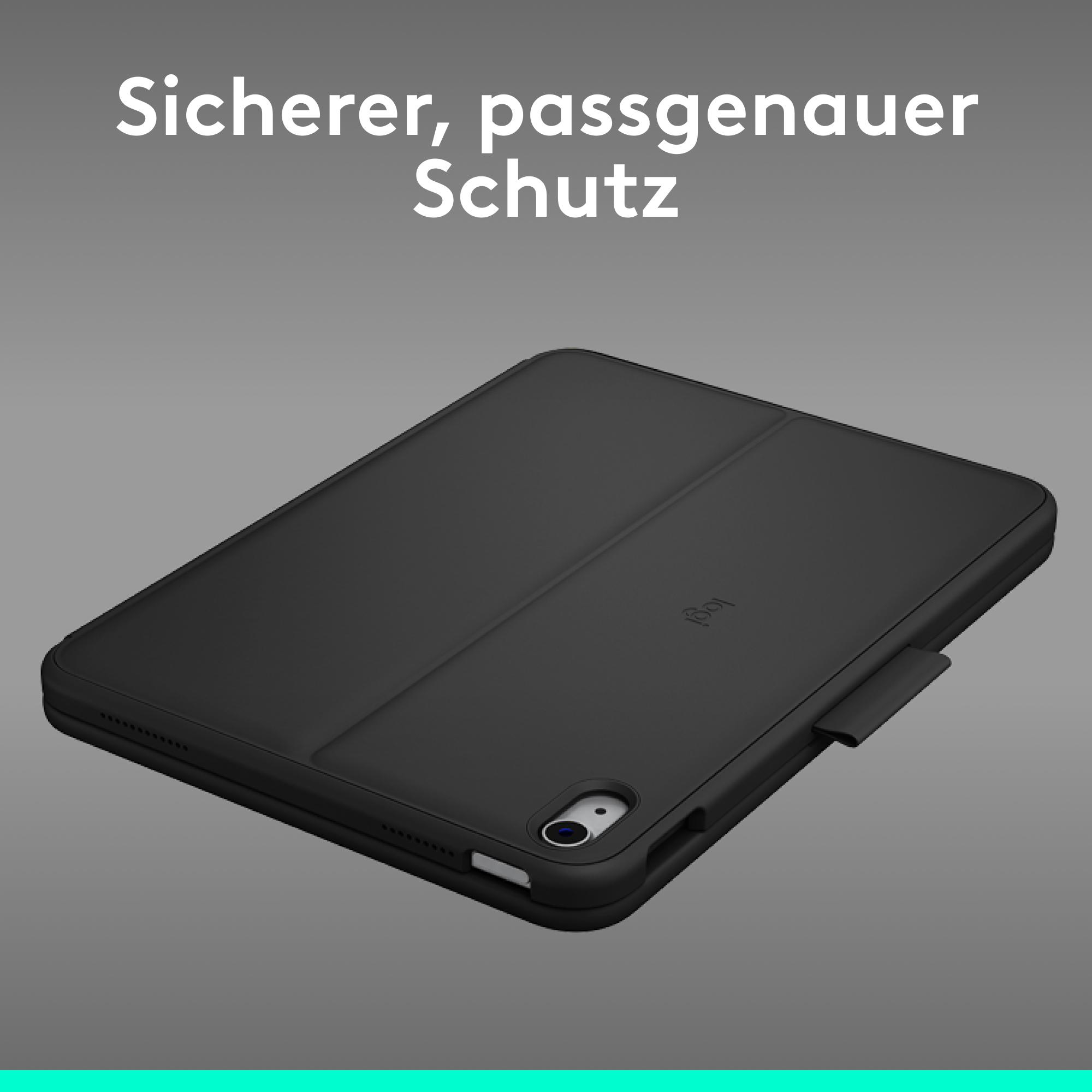 Eine schwarze Tablet-Hülle auf grauem Grund mit deutschem Text.