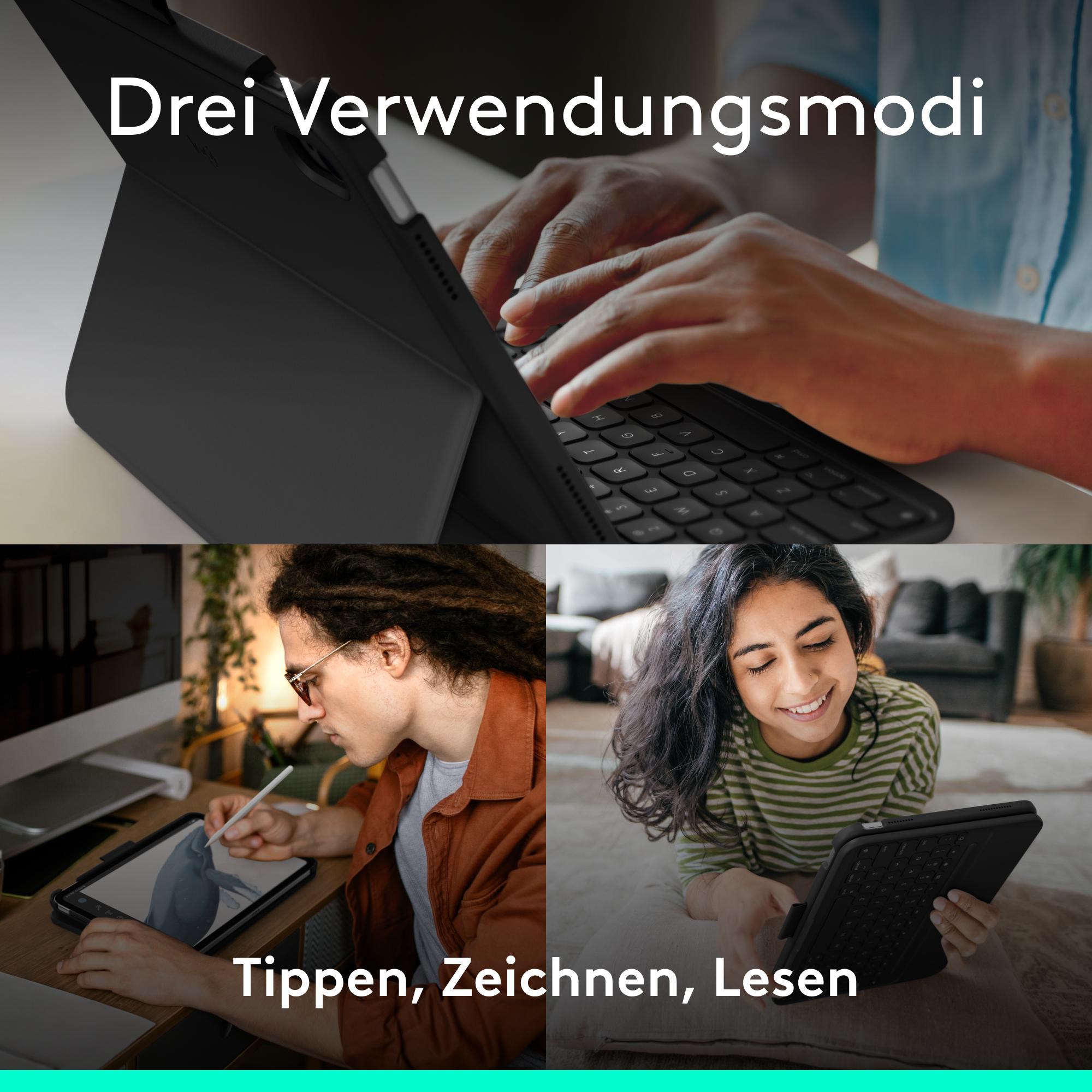Drei Bilder zeigen Personen beim Tippen auf einer Tablet-Tastatur, beim Zeichnen auf einem Tablet und beim Lesen.