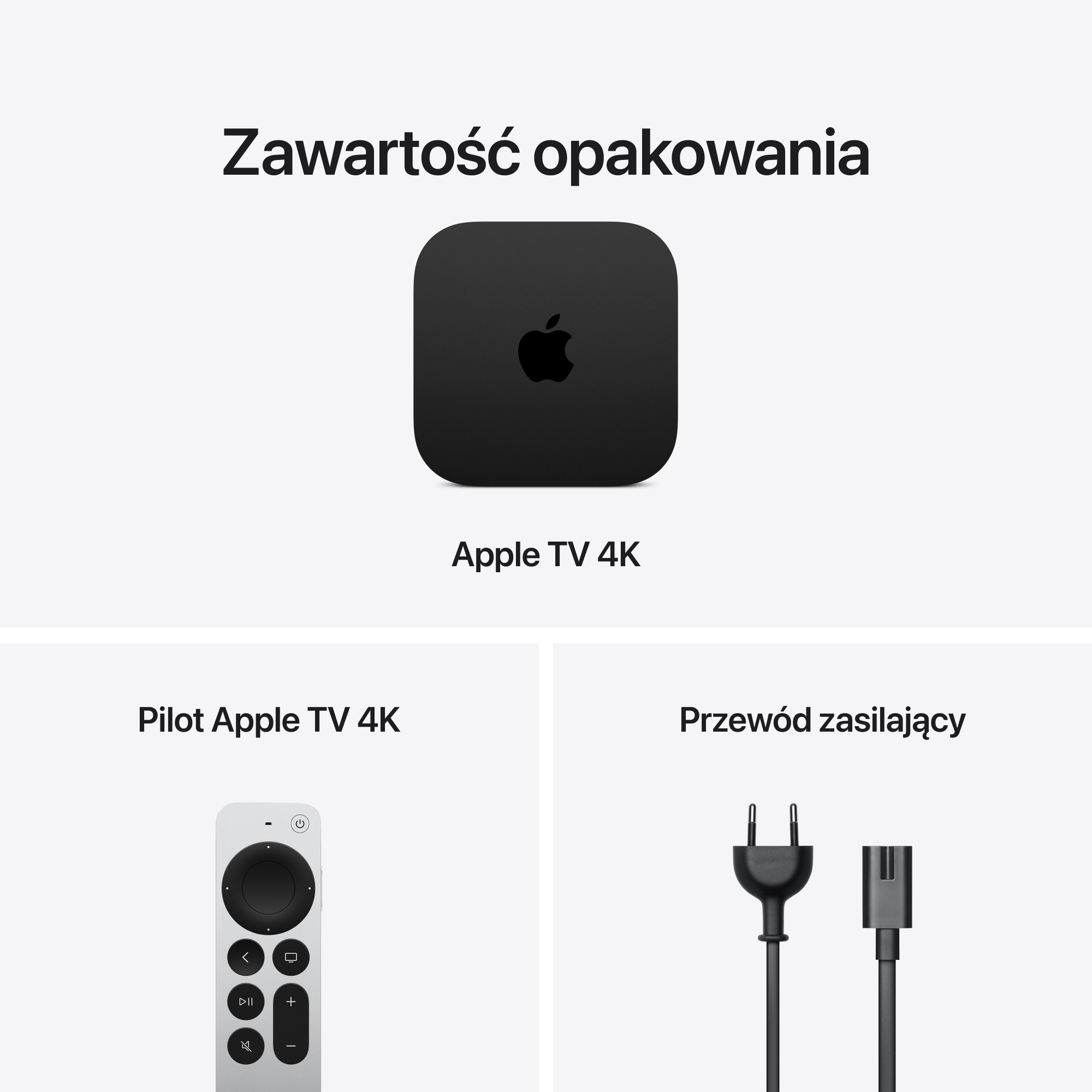 Zawartość opakowania Apple TV 4K z urządzeniem, pilotem i zasilaczem.