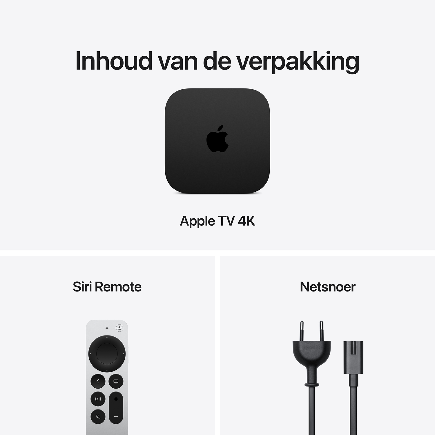 Inhoud van de verpakking van Apple TV 4K, Siri Remote en netsnoer op een lichte achtergrond.