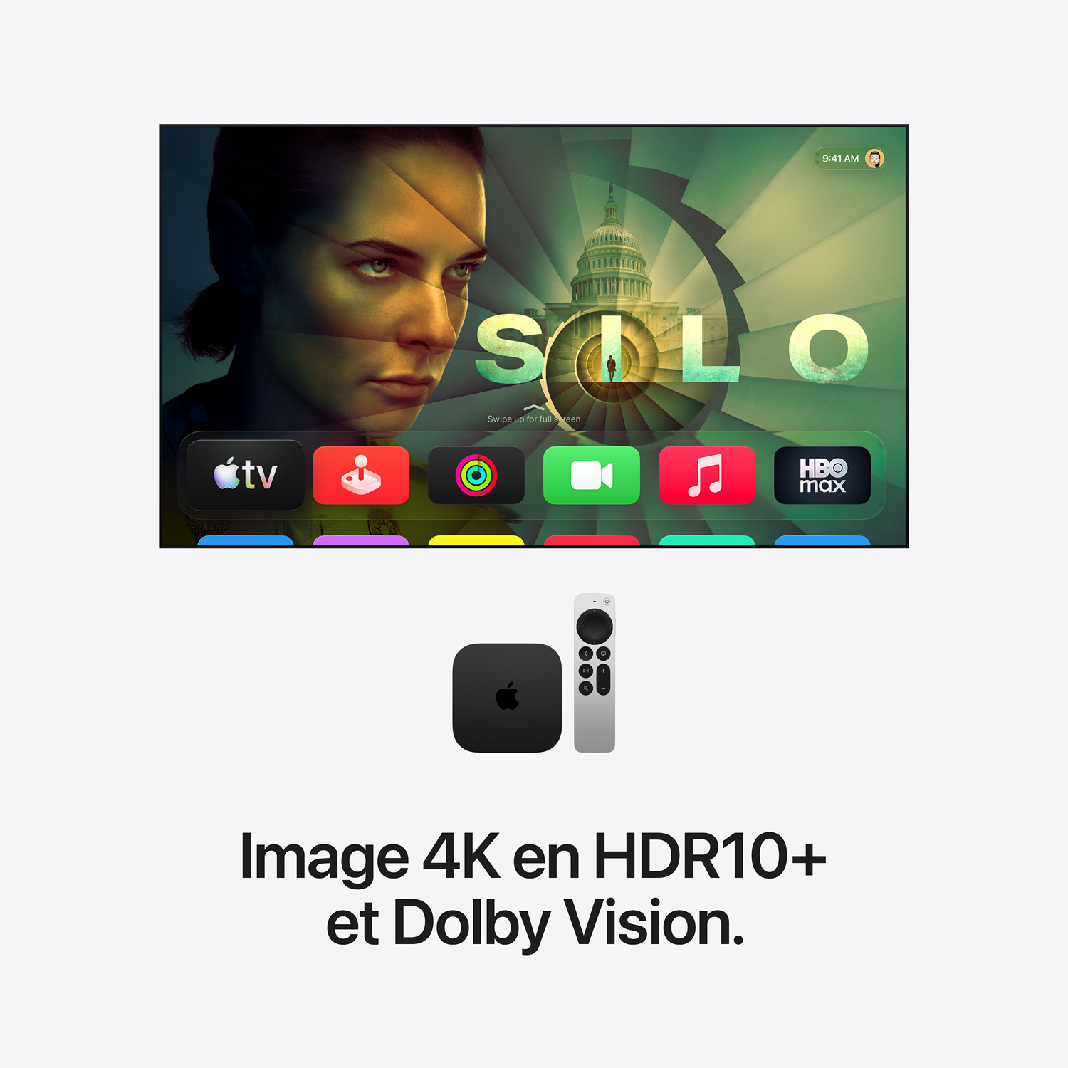 Apple TV 4K avec télécommande, interface de streaming et texte en HDR10+.