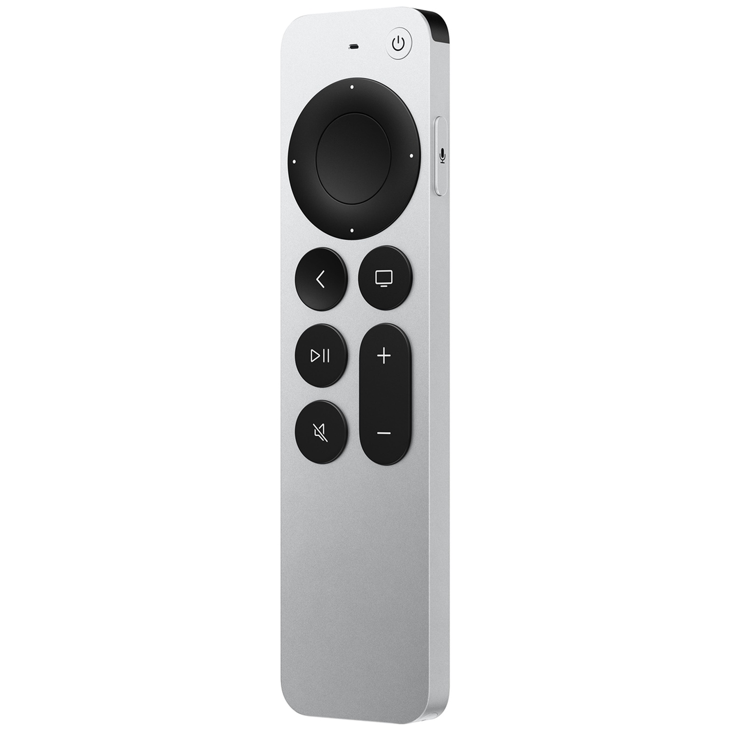 Een zilveren Apple TV-afstandsbediening met zwart cirkelvormig klikpad, navigatieknoppen en volumeknoppen.