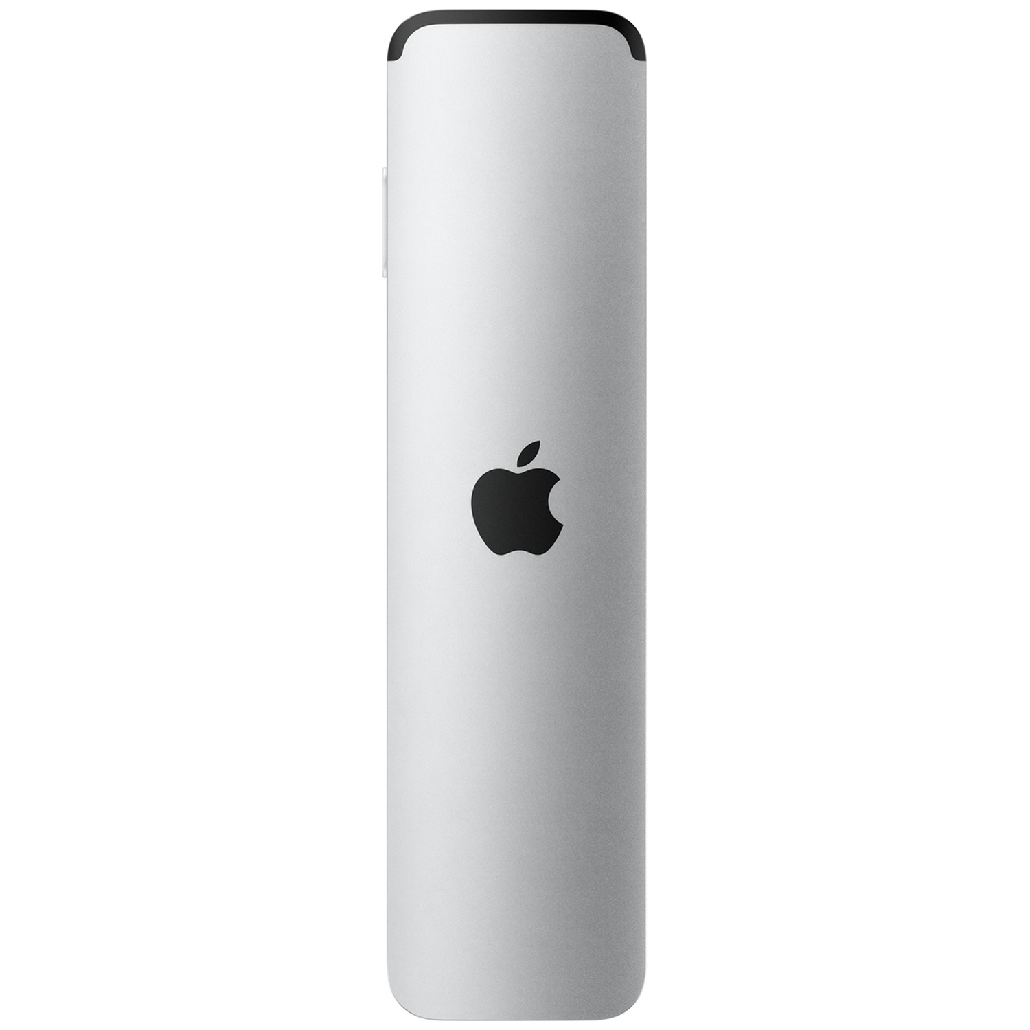 Zilveren Apple-afstandsbediening op een witte achtergrond.