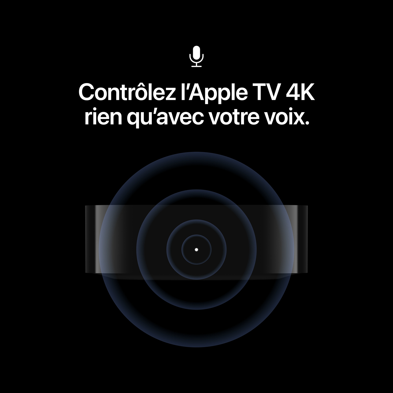 Fond noir avec une icône de microphone blanche, du texte en français et des ondes sonores bleues.