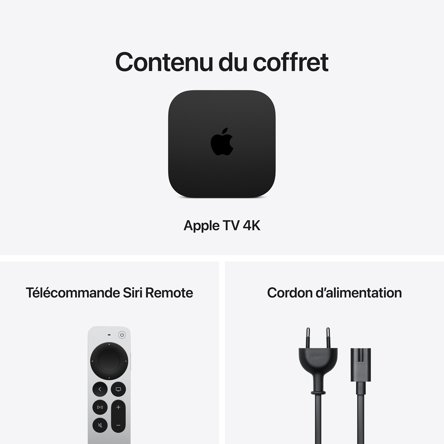 Contenu de la boîte Apple TV 4K comprenant l'appareil, la télécommande Siri Remote et le cordon.