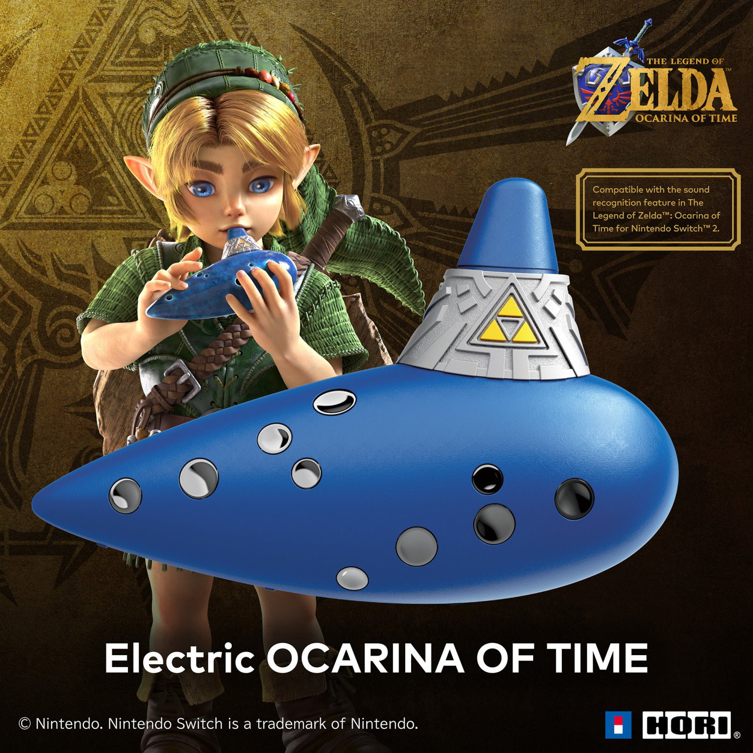 Link spielt eine blaue Okarina vor einem goldenen Hintergrund mit Zelda-Logo.