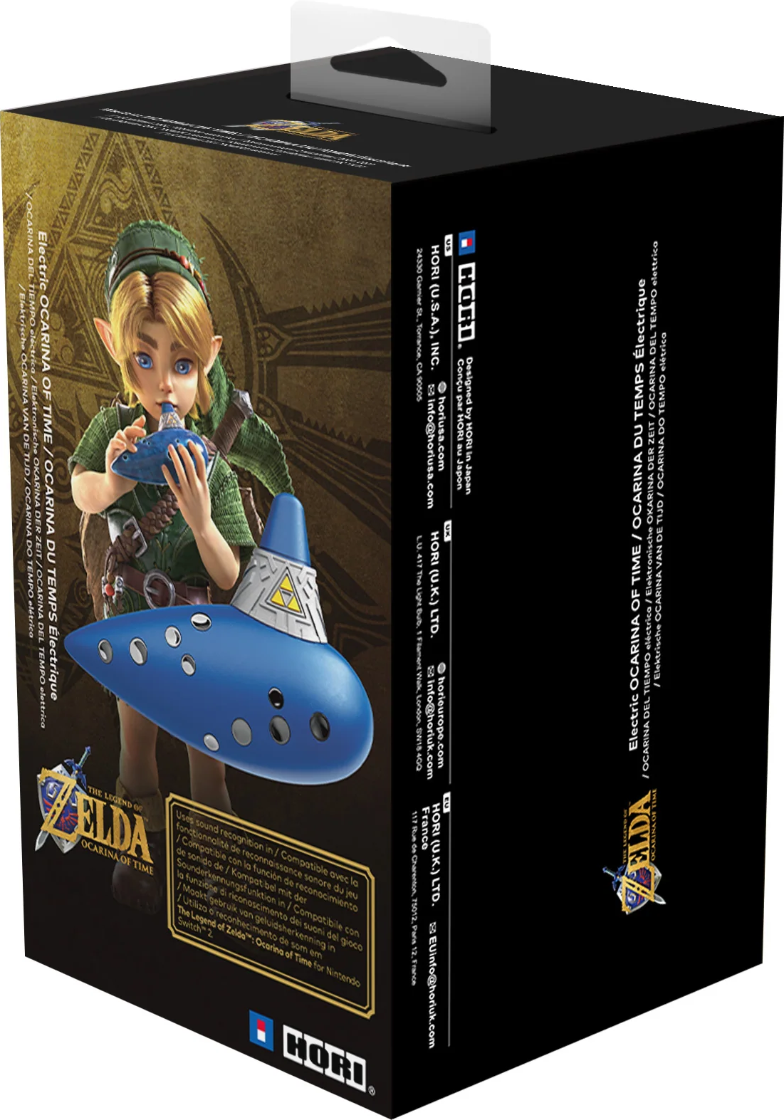 Verpackung der Zelda Ocarina of Time mit blauem Instrument und Link-Grafik.