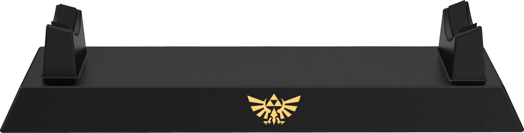 Ein schwarzer Kunststoffständer mit zwei vertikalen Halterungen und einem goldenen Zelda-Emblem vorne.