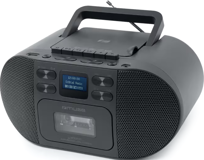 Radio portable grise avec lecteur CD, platine cassette et écran numérique sur fond noir.