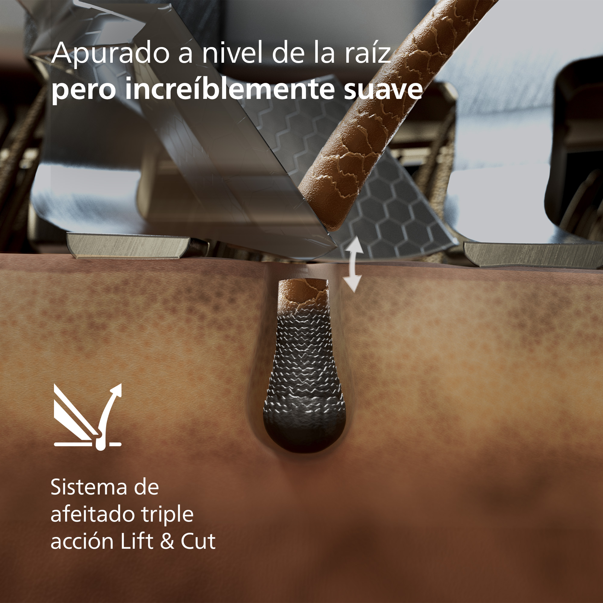 Ilustración que muestra el sistema de afeitado Lift & Cut, levantando y cortando un vello.