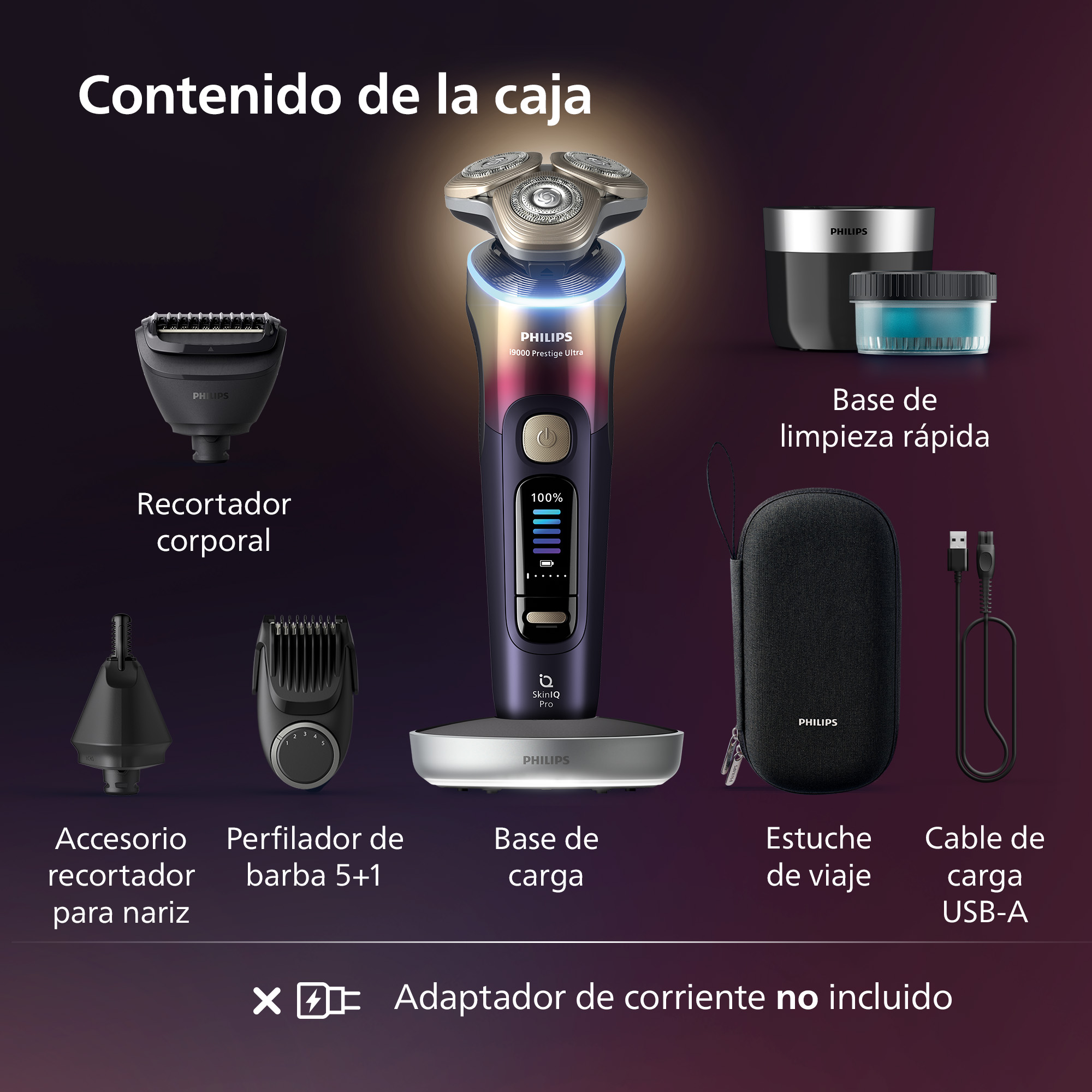 Afeitadora Philips con accesorios, base de carga, estuche y cable USB. Adaptador no incluido.