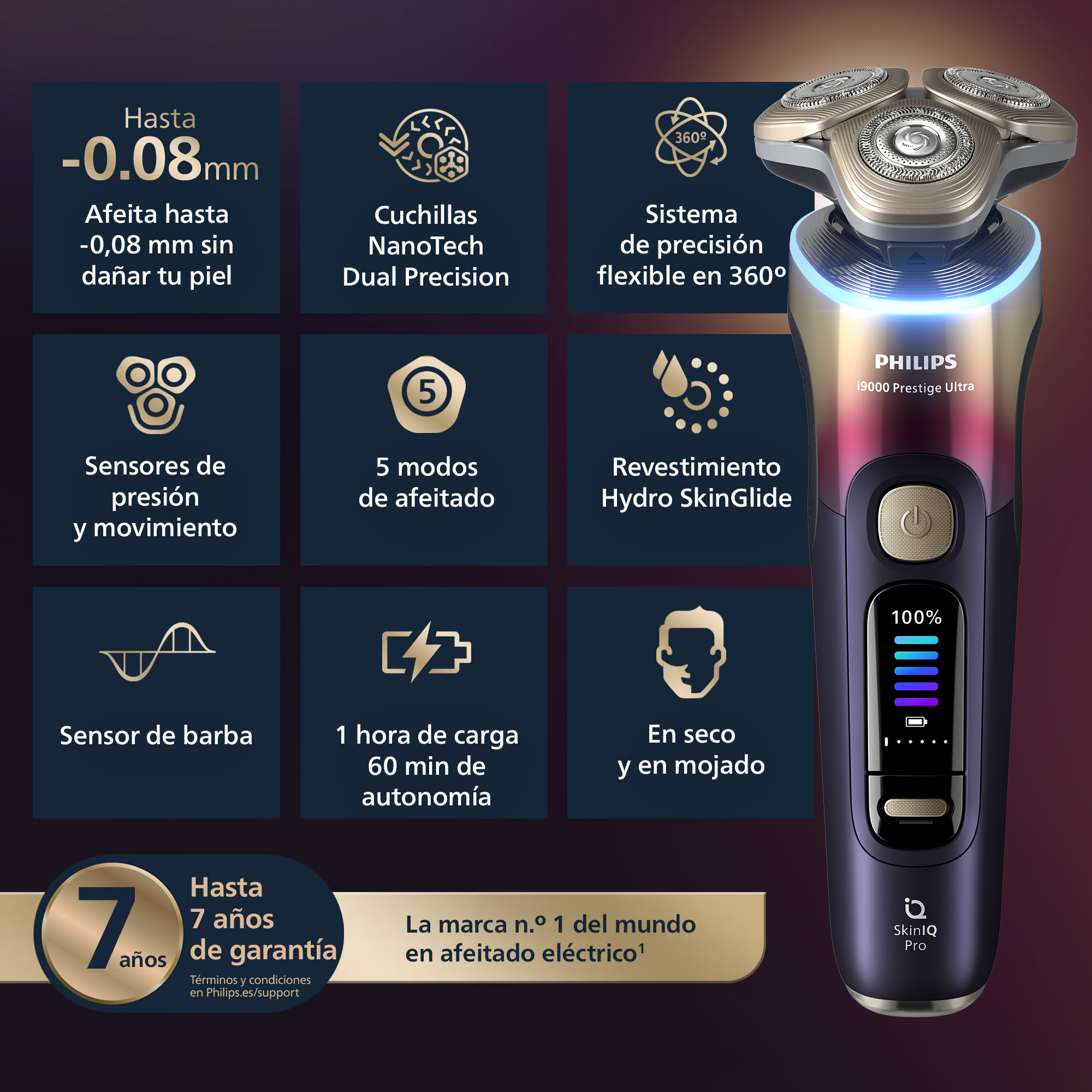 Afeitadora Philips con características como afeitado apurado, cabezal flexible 360 y pantalla digital.