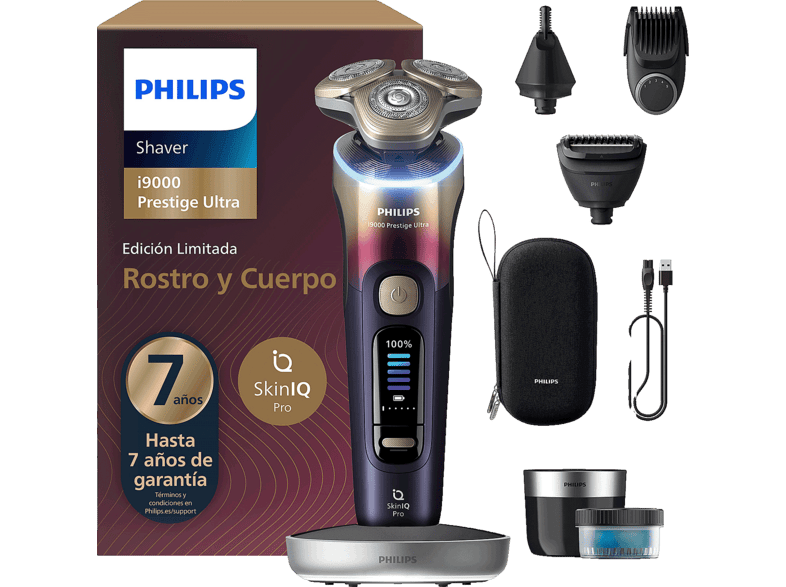 Afeitadora Philips i9000 Prestige Ultra XP9407/37, SkinIQ Pro, Hydro SkinGlide, Seco y Mojado, 60 min, Apurado, Moldeador Barba, Ciruela
