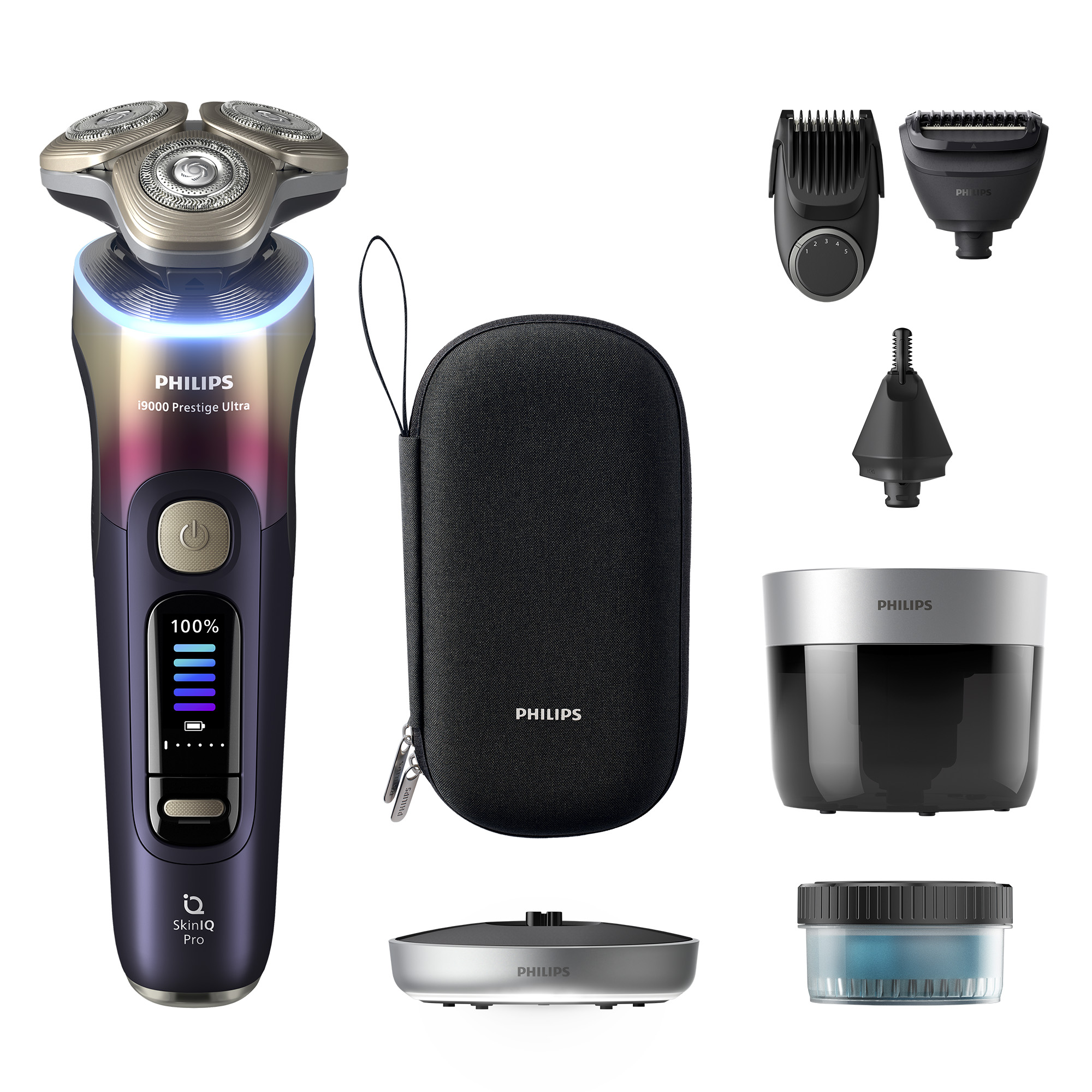 Afeitadora Philips con accesorios, estuche y estación de limpieza sobre fondo blanco.