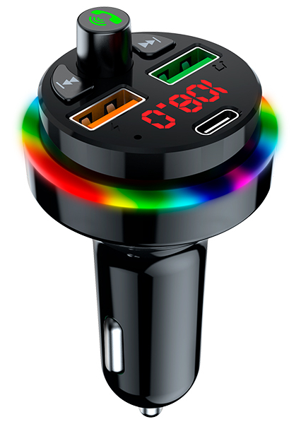 Czarny samochodowy nadajnik FM Bluetooth z portami USB, wyświetlaczem cyfrowym i kolorowym pierścieniem LED.