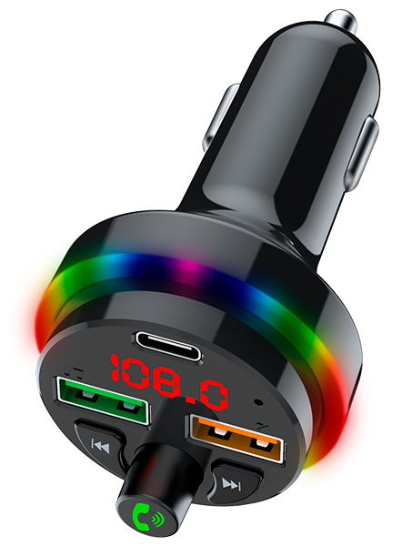 Czarny transmiter samochodowy FM z portami USB, wyświetlaczem cyfrowym i kolorowym pierścieniem LED.