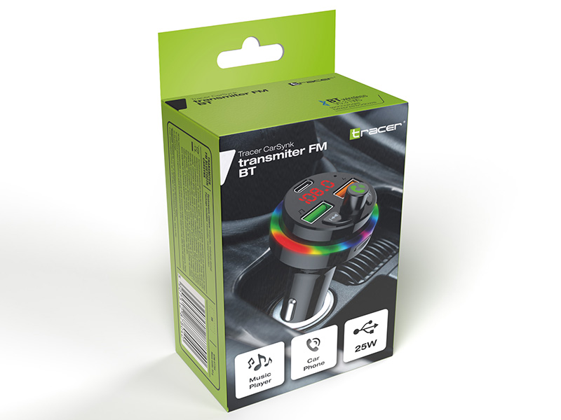 Zielono-czarne pudełko transmiter FM Tracer CarSync z kolorowym pierścieniem LED i portami USB.