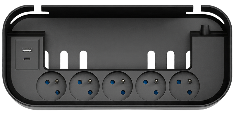 Czarna listwa zasilająca z pięcioma gniazdami oraz portami USB-A i USB-C w organizerze.