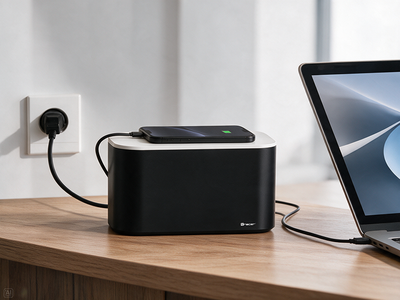 Czarny organizer do kabli z ładującym się telefonem na górze stoi na drewnianym biurku obok laptopa.